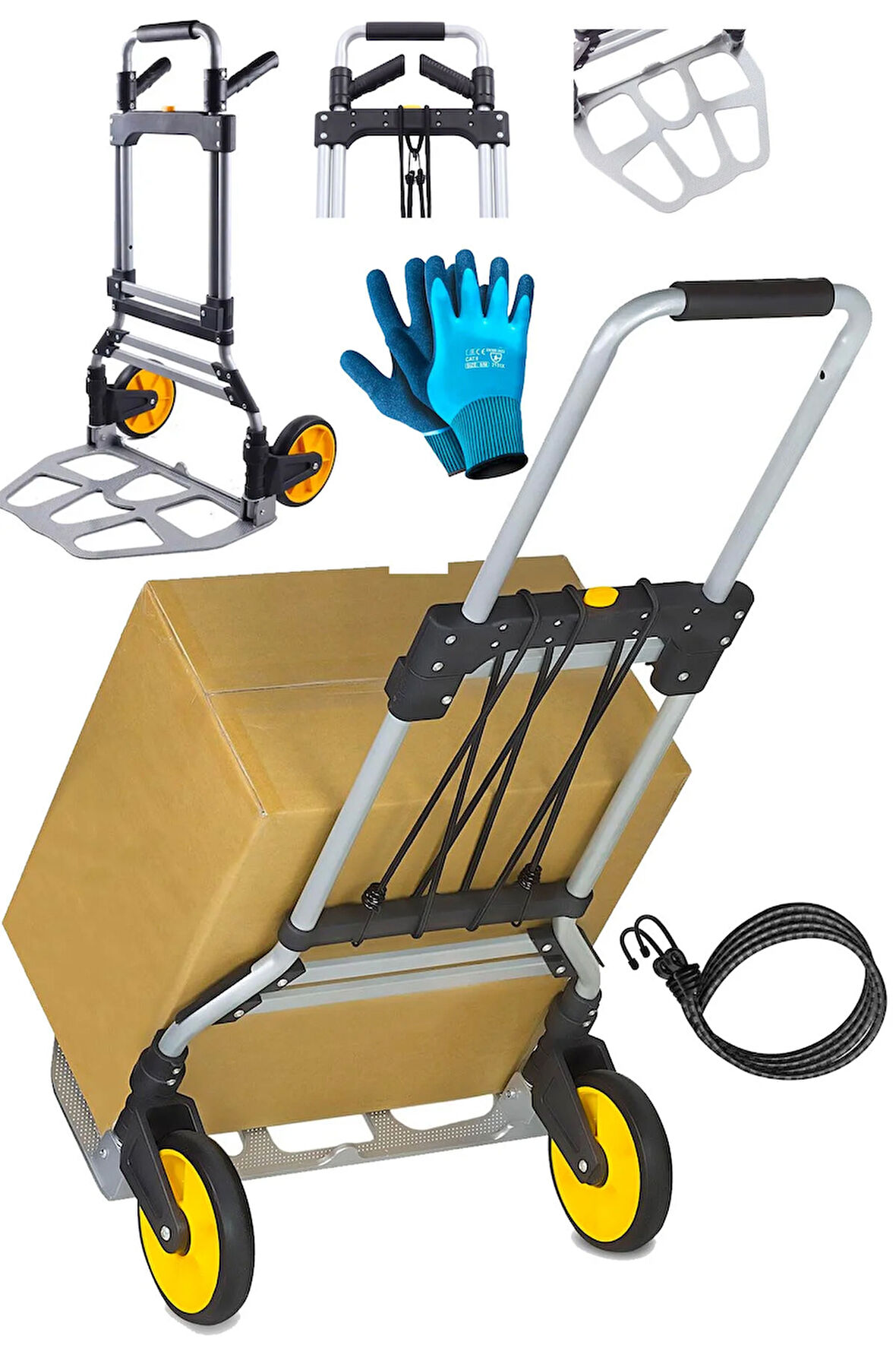 XL Büyük Boy 120Kg Kapasiteli Katlanır El Arabası Teleskopik 360° Döner Kol ve Kaymaz Tekerlekler