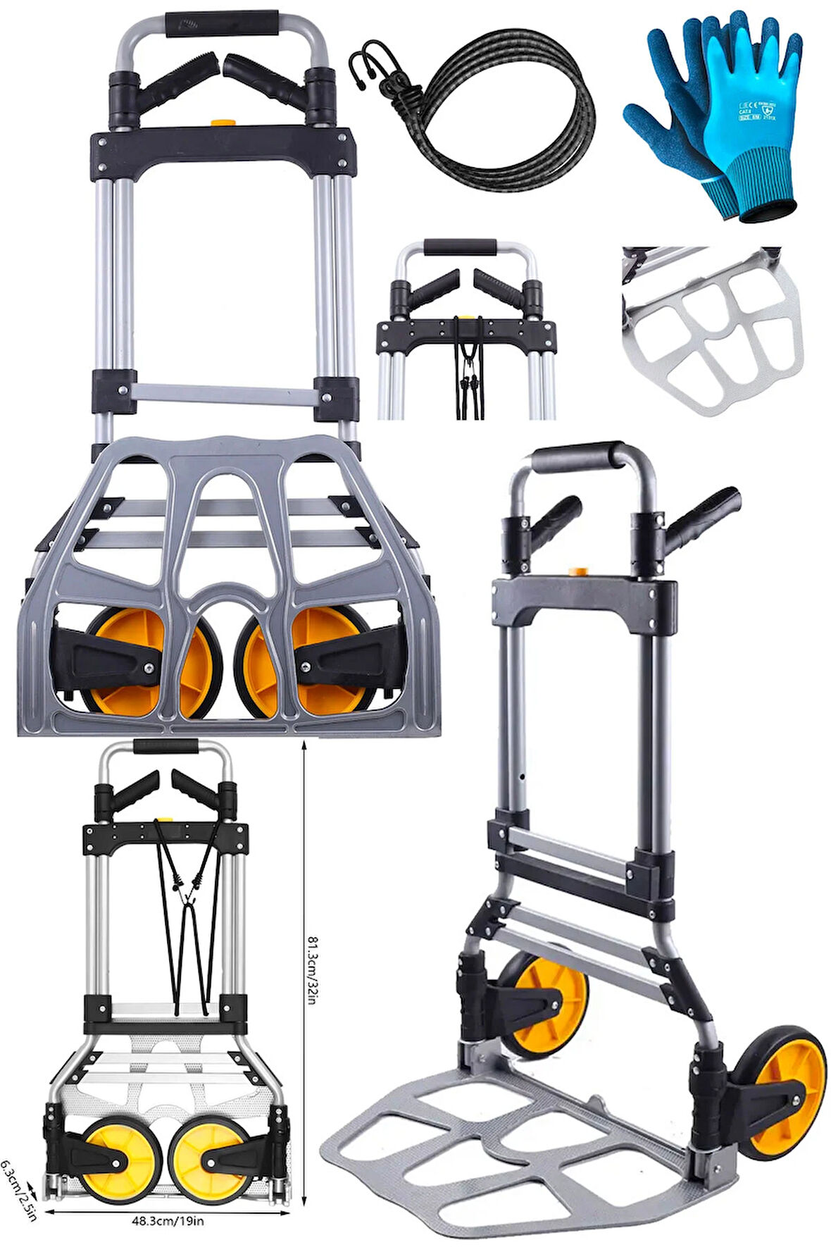 XL Büyük Boy 150kg Kapasiteli Katlanır El Arabası Teleskopik 360° Döner Kol ve Kaymaz Tekerlekler