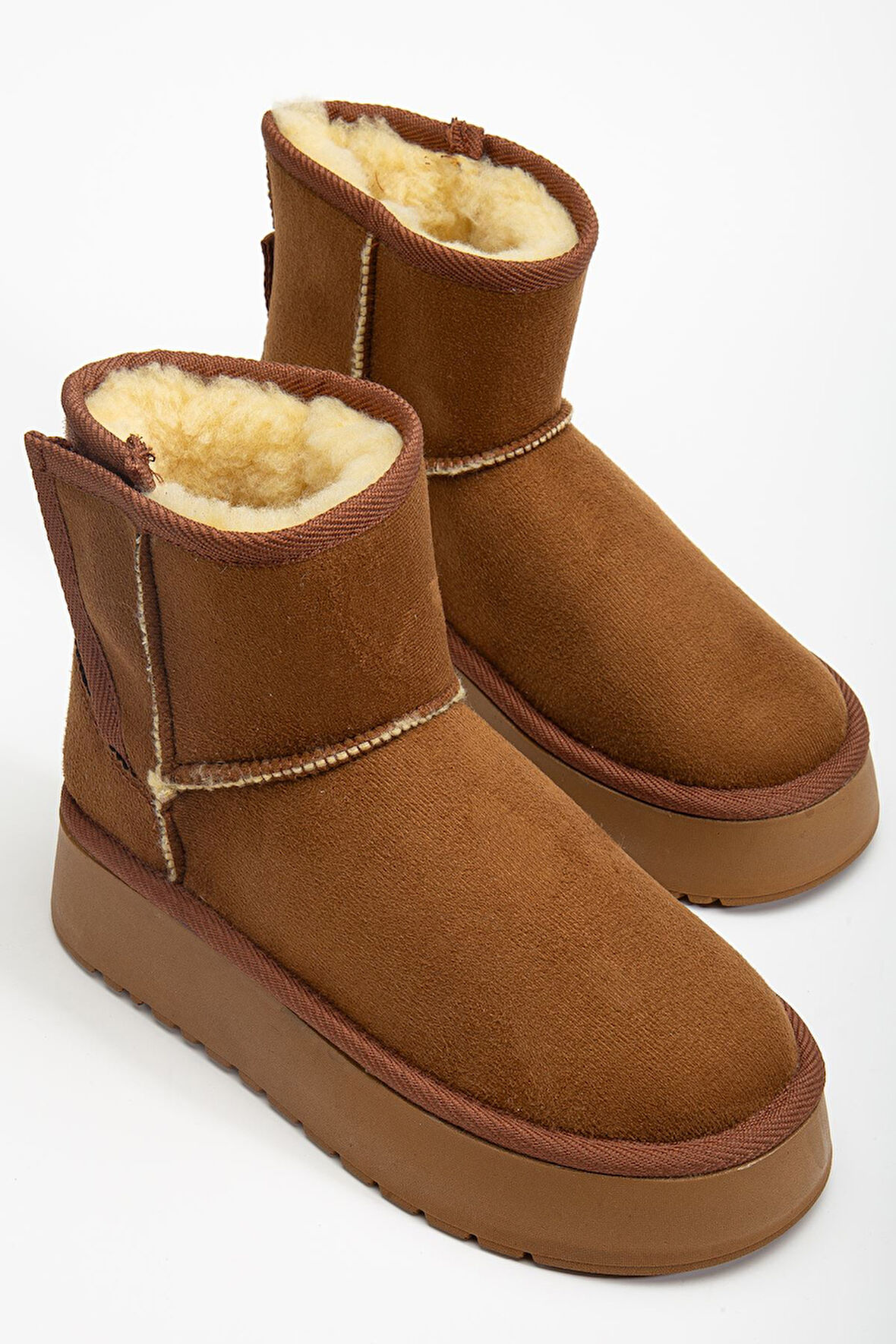  Mini Cırtcırtlı Taba Süet Yarım Bot içi Tüylü Düz Taban Kadın Ayakkabı   