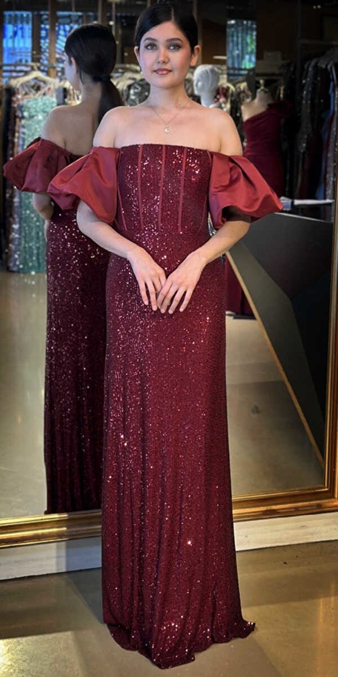 Bordo Balon Kollu Madonna Yaka Düz Kesim Payet Uzun Abiye Elbise 11033