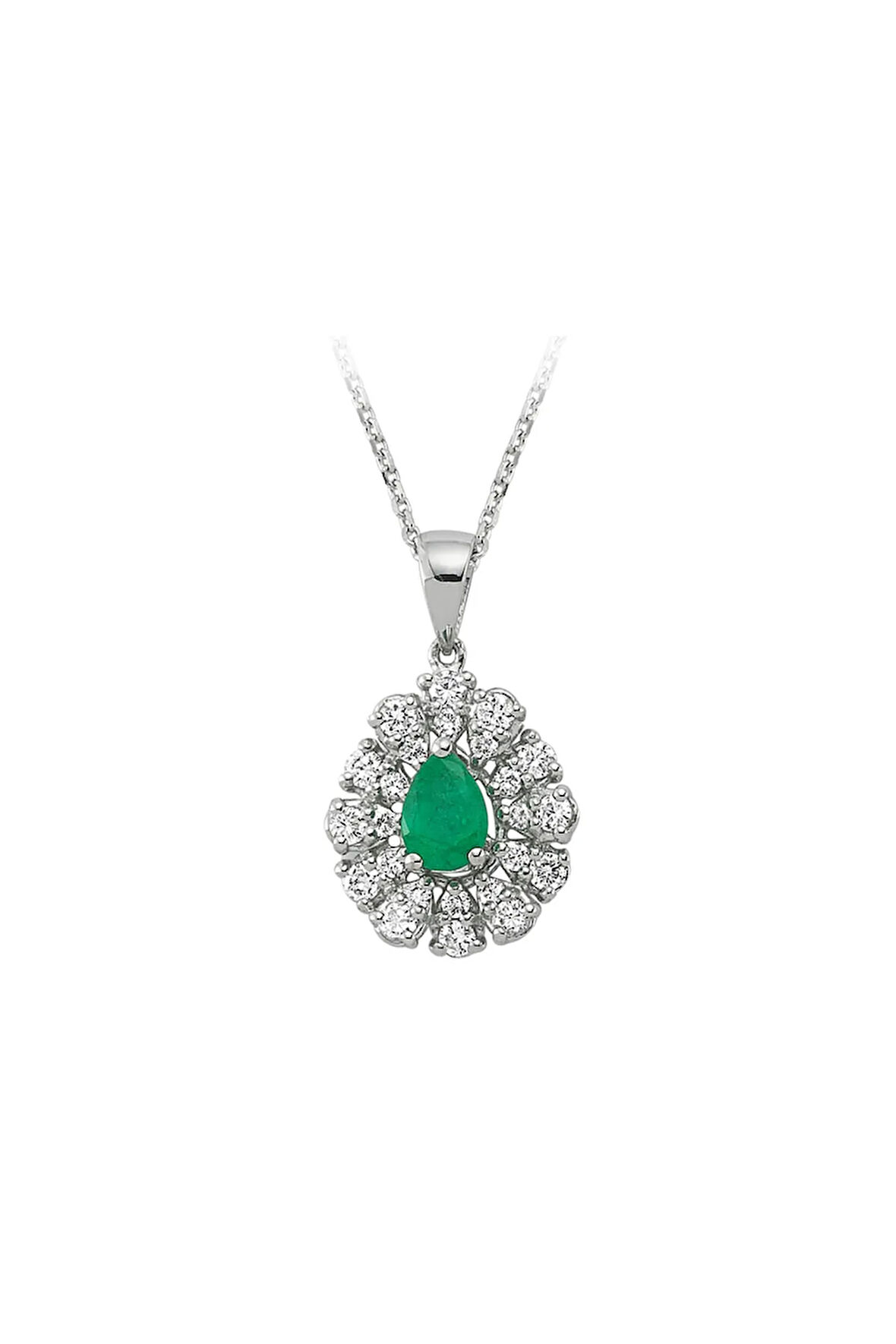 Kadın Beyaz Damla Zümrüt Taşlı Anturaj Pırlanta Kolye 14 Ayar 3,50 gr 0,50 karat