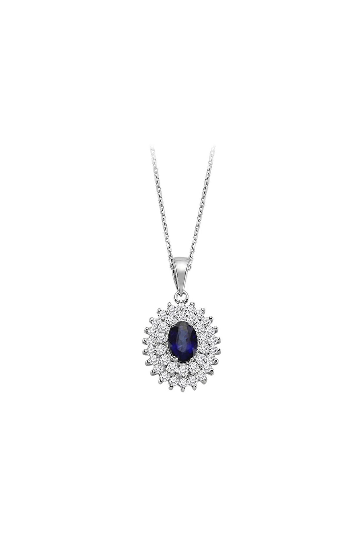 Çift Sıra Pırlanta ve Oval Safir Taşlı Kolye
