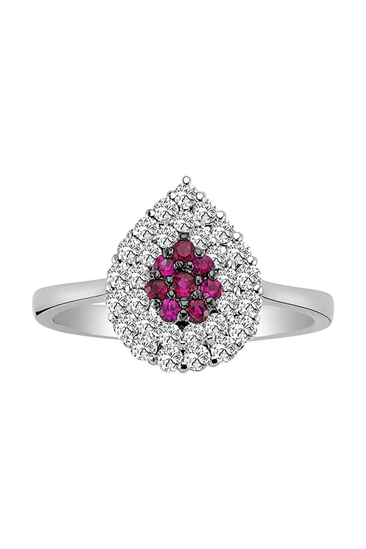 Yakut ve Çift Sıra Pırlanta Taşlı Anturaj Yüzük