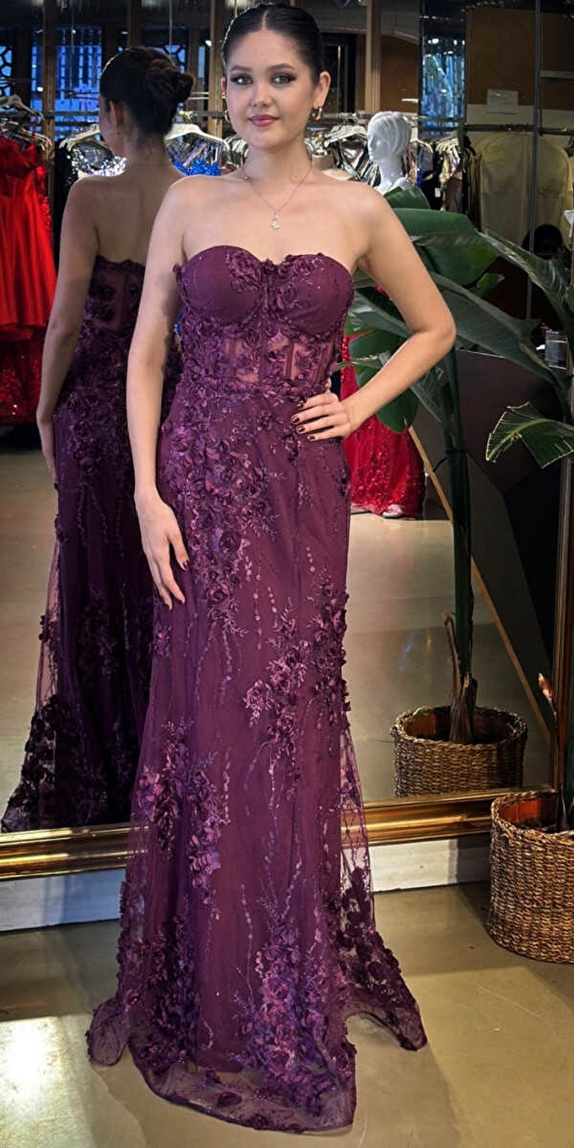 Vişne Straplez Yaka Bel Dekolteli Düz Kesim Brode Tül Uzun Abiye Elbise 11061