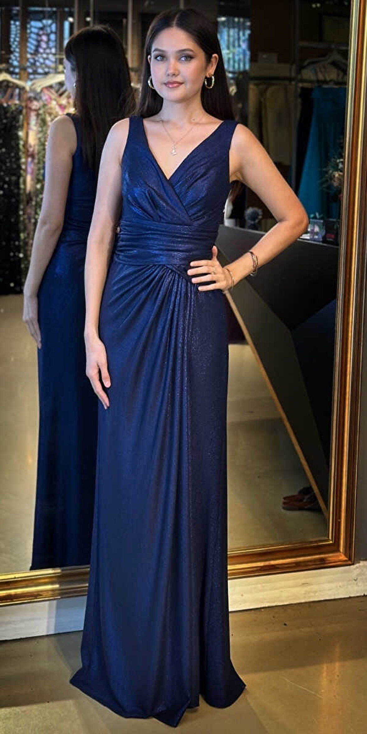 Lacivert Kalın Askı V Yaka Anvelop  Yırtmaçlı Düz Kesim Simli Uzun Abiye Elbise 11074