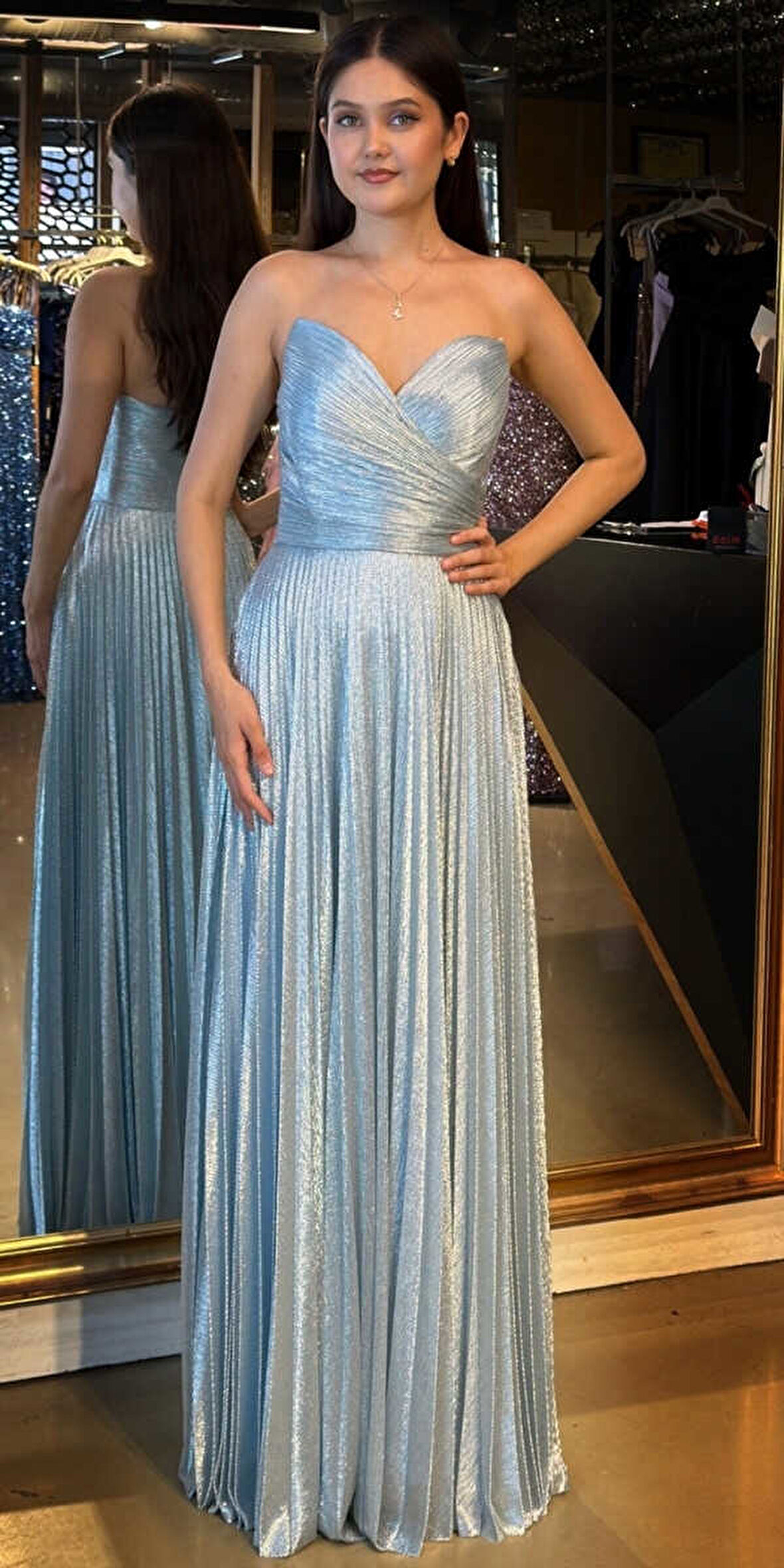 Mavi Straplez Yaka Kloş Etekli Jakarlı Uzun Abiye Elbise 11080