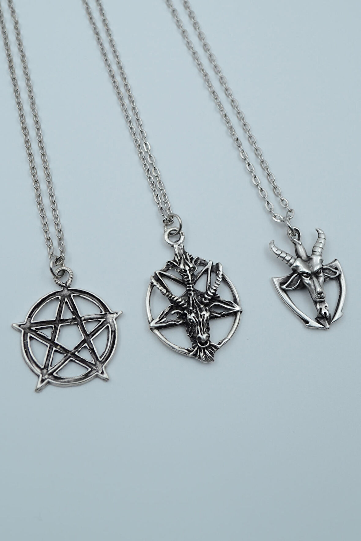 3'lüPentagram Pagan - Keçi Şeytan Gümüş Kaplama Kolye Seti