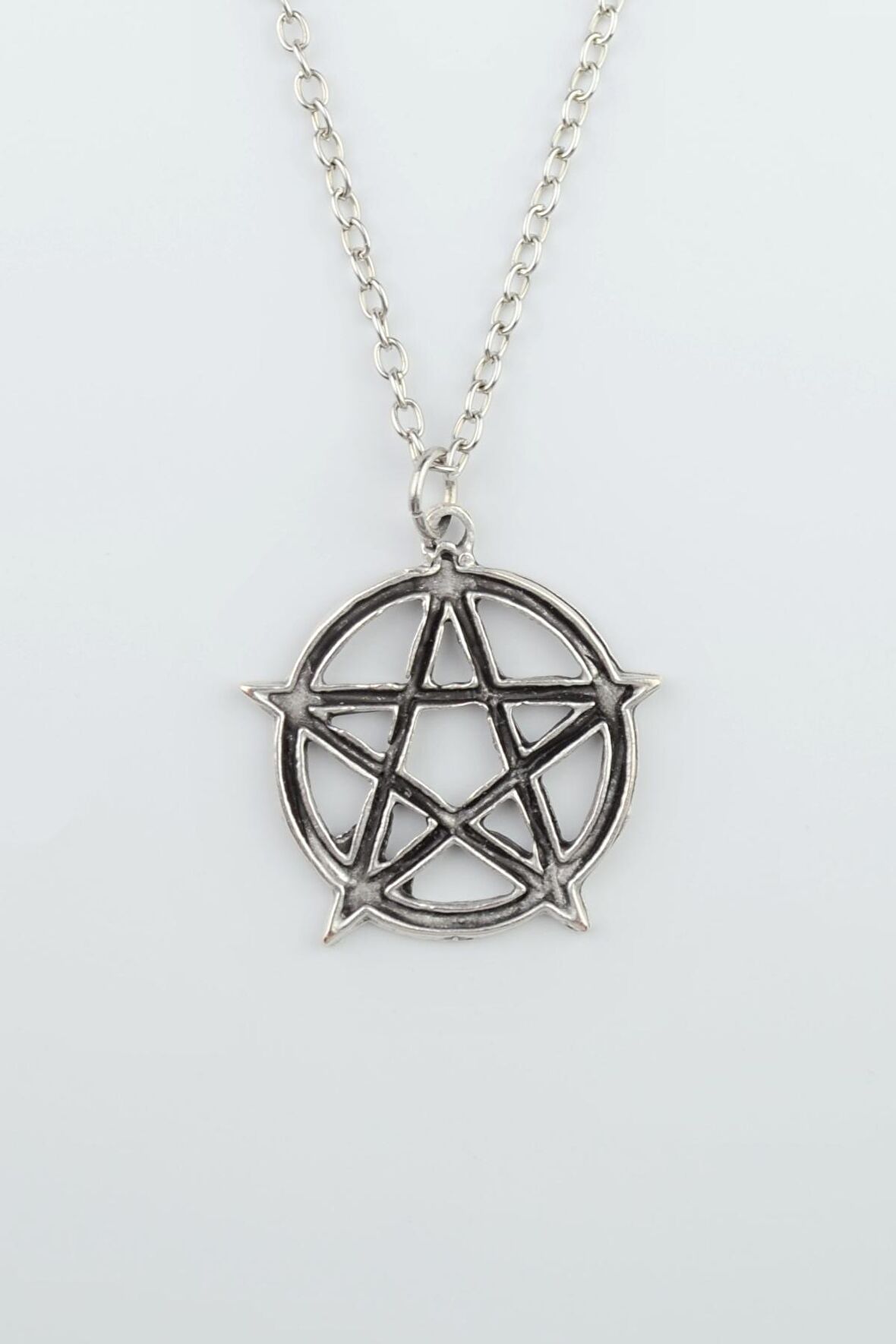 Pentagram Wicca Sembol Erkek Kadın Kolye Antik Gümüş Kaplama - 60 cm Düz Zincir