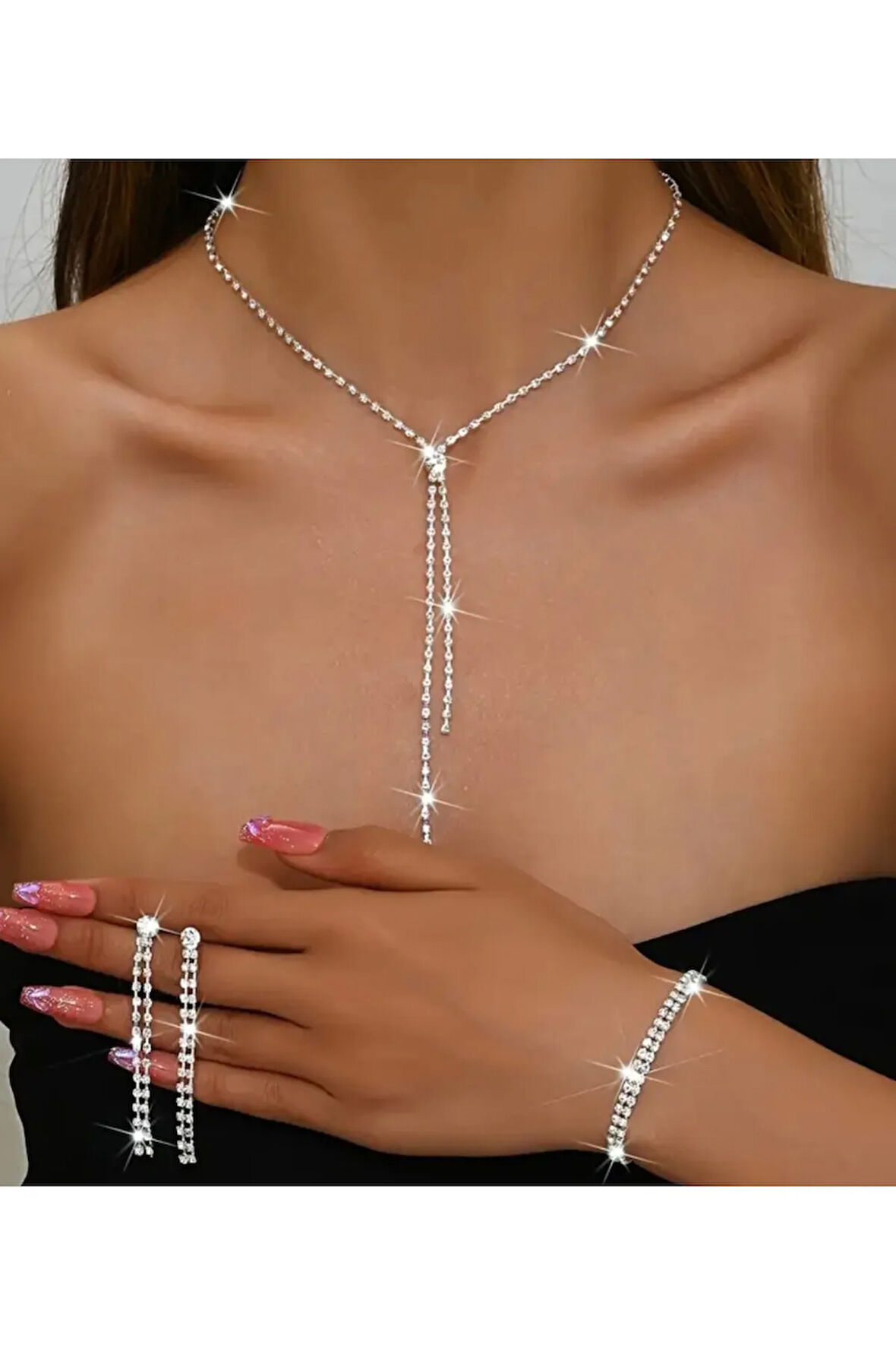 Gümüs Kaplama Nez Kolye Kupe Ve Bileklik Seti 3'lü Set Davet Dügün Nisan Abiye