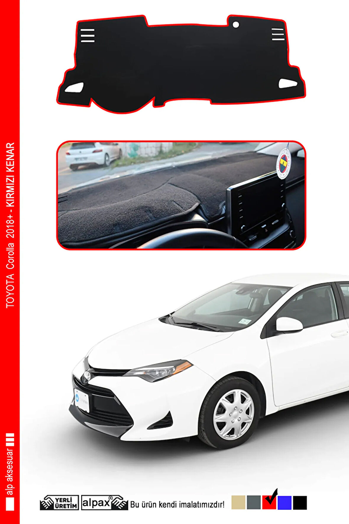 TOYOTA Corolla Torpido Koruyucu 2018 ve Üzeri Modele Özel Üretim - Kenarı Kırmızı