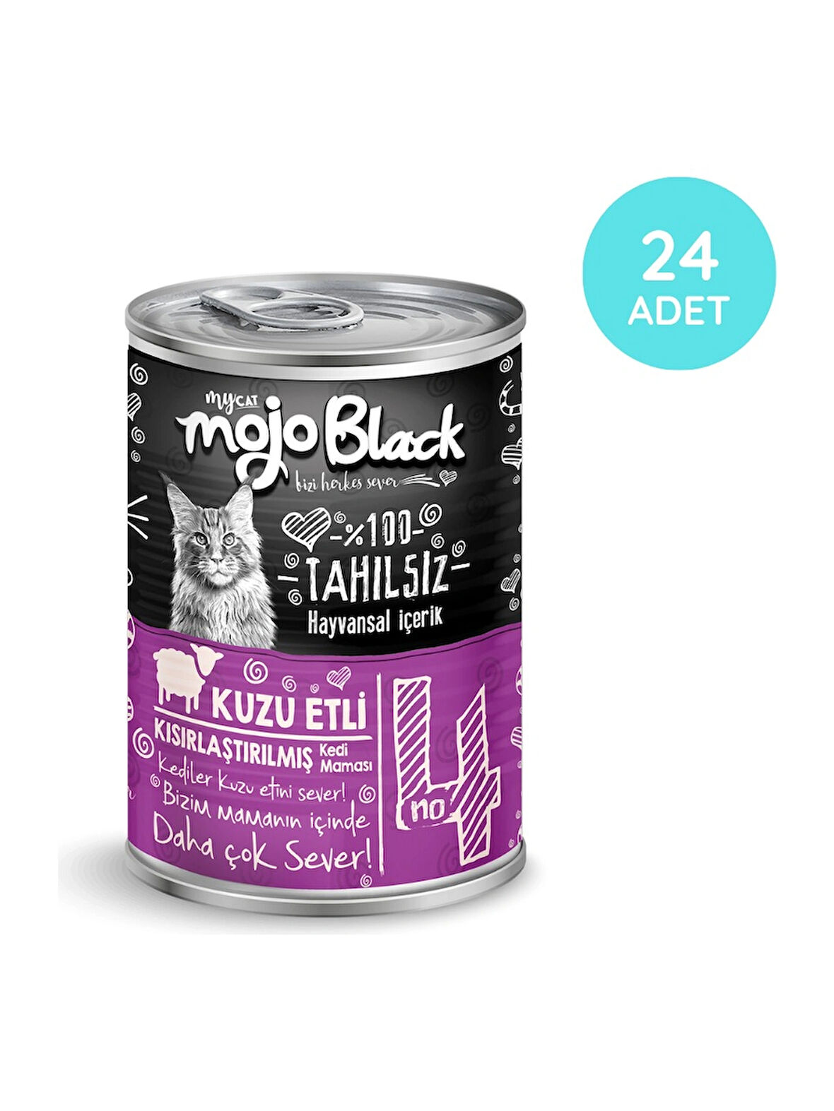 MYCAT MOJO BLACK NO :4  TAHILSIZ 400GR KUZU ETLİ YETİŞKİN KISIR  KEDİ KONSERVESİ   24'LÜ