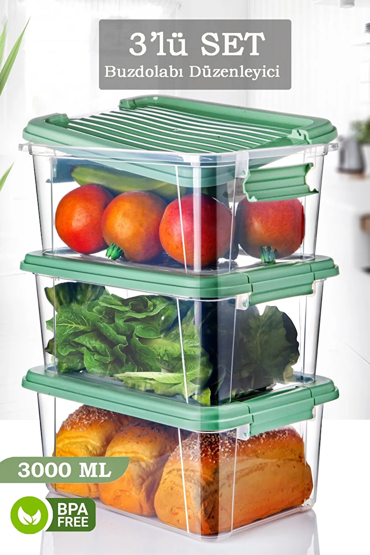 3'lü 3 Lt Kilit Kapaklı Erzak Saklama Kabı - Çok Amaçlı Düzenleyici Kutu Gıda Bakliyat Kabı Yeşil
