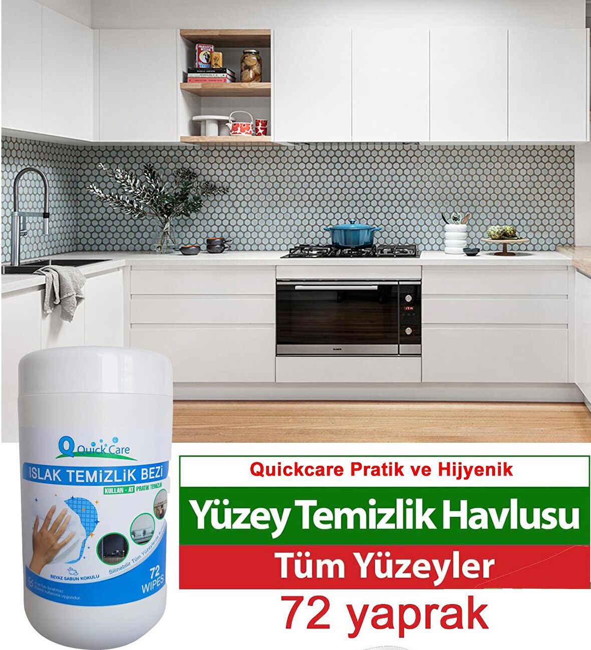 QUICKCARE Dezenfektanlı Yüzey Temizlik Havlusu 72 Yaprak, Kova Mendil Beyaz Sabun Kokulu