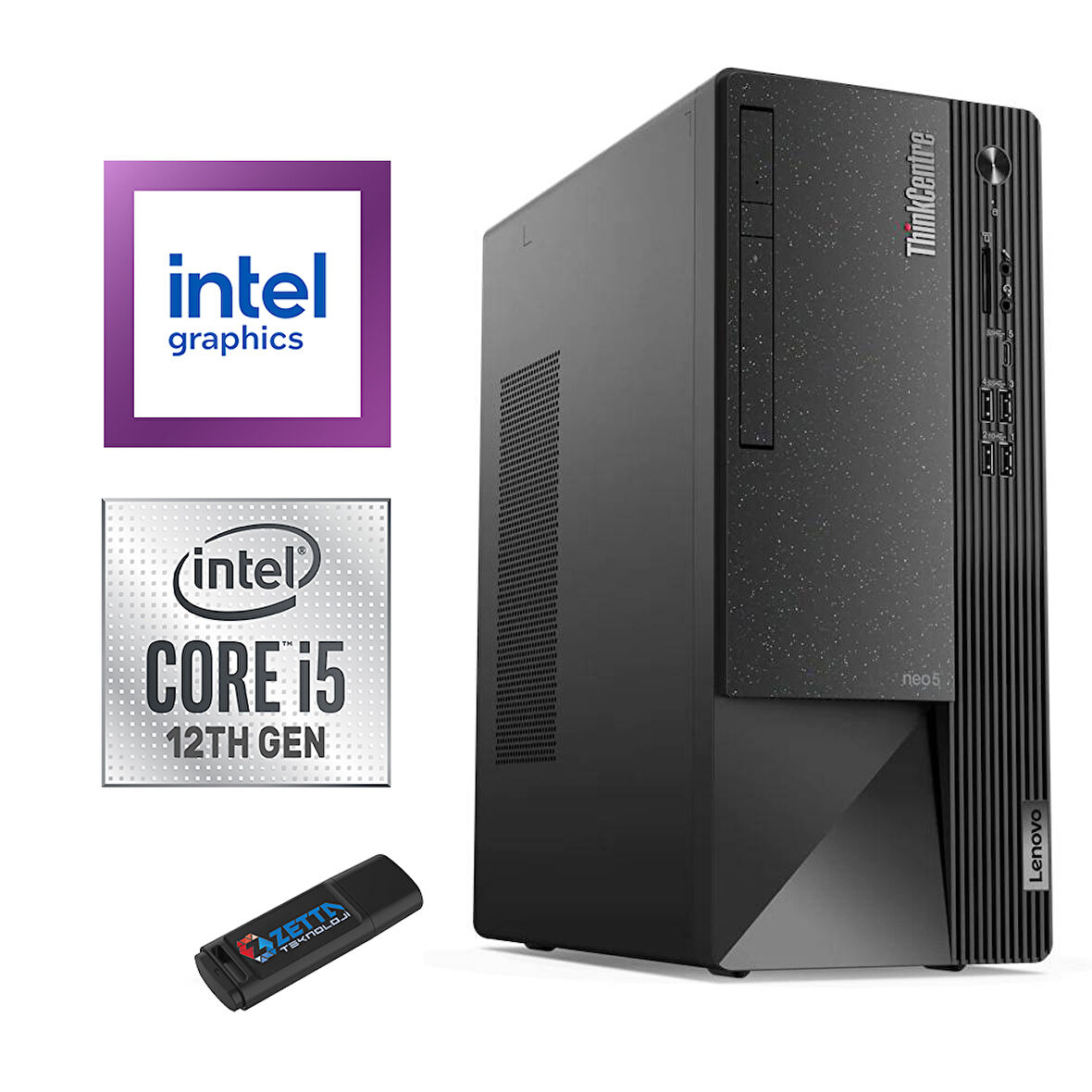 Lenovo Thinkcentre Neo 50T Gen4 Intel I5 12400 8gb 1tb SSD Freedos Masaüstü Bilgisayar 12JB005DTR03 + Zetta Flash Bellek