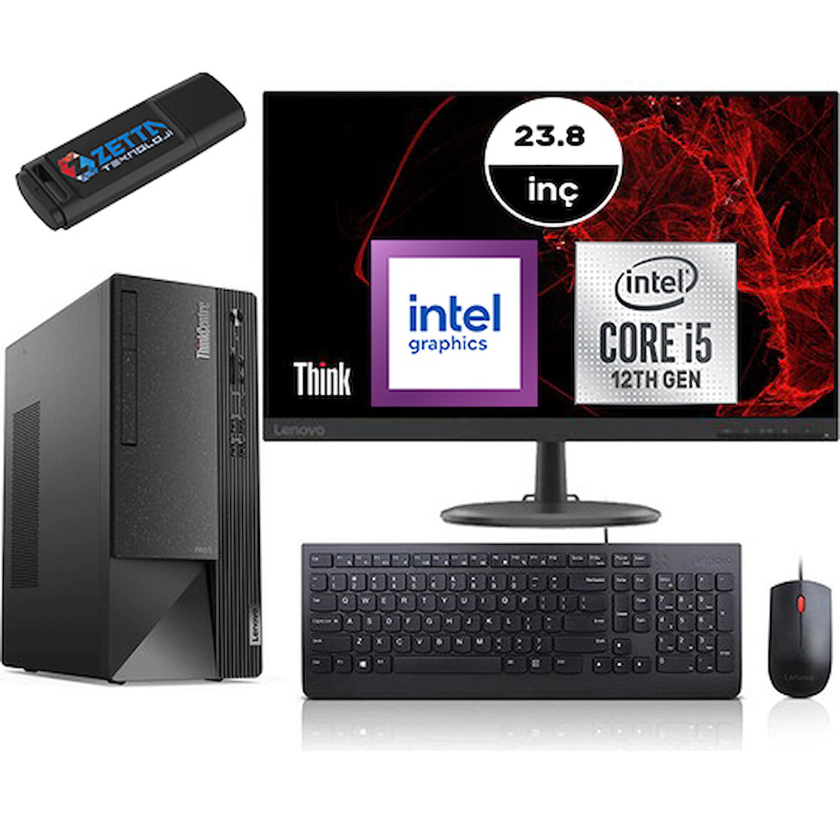 Lenovo Thinkcentre Neo 50T Gen4 Intel I5 12400 8gb 2tb SSD Windows 11 Home Fullhd 23.8 Inç Mon Masaüstü Bilgisayar 12JB005DTRM24 + Zetta Flash Bellek