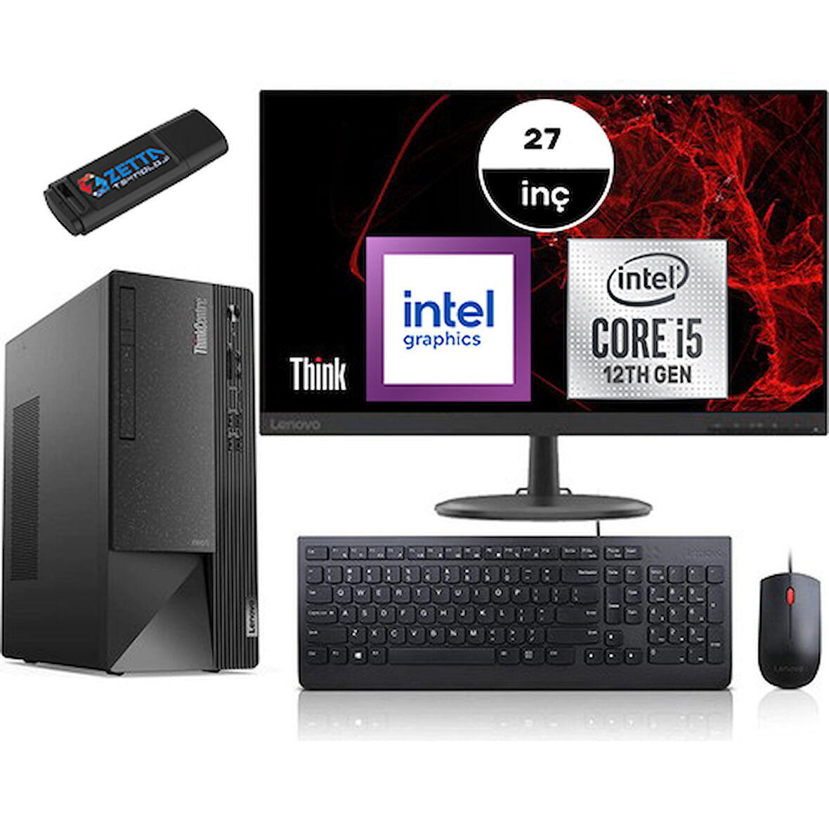 Lenovo Thinkcentre Neo 50T Gen4 Intel I5 12400 16GB 4tb SSD Windows 11 Pro Fullhd 27 Inç Mon Masaüstü Bilgisayar 12JB005DTRMM50 + Zetta Flash Bellek