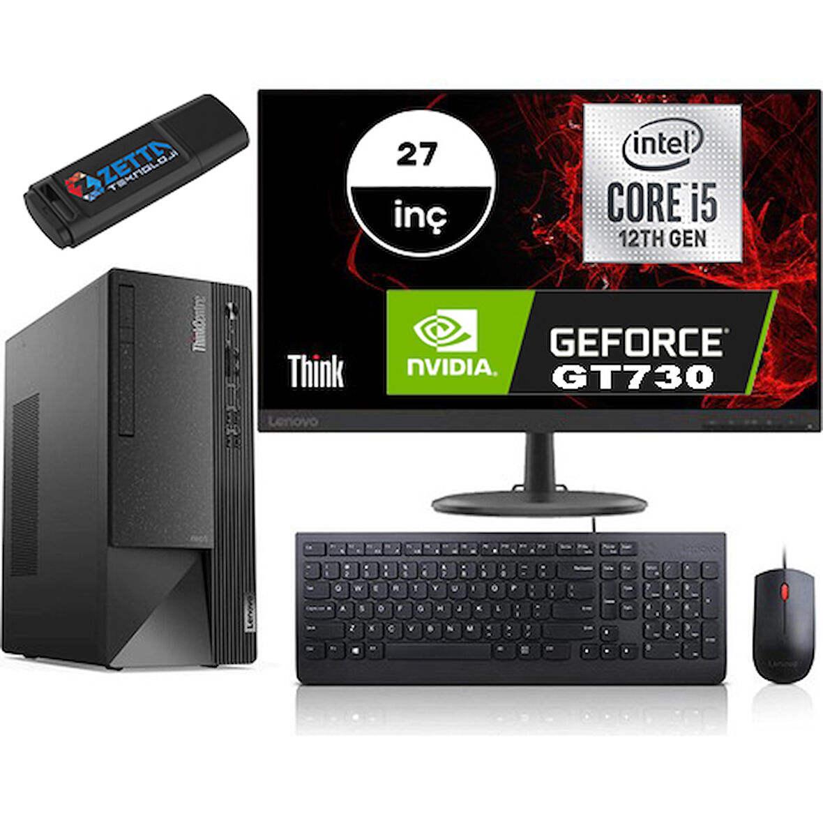 Lenovo Thinkcentre Neo 50T Gen4 Intel I5 12400 8gb 2tb SSD 4GB/GT730 Windows 11 Pro Fhd 27 Inç Monitör Masaüstü Bilgisayar 12JB005DTRMMG744 + Zetta Flash Bellek