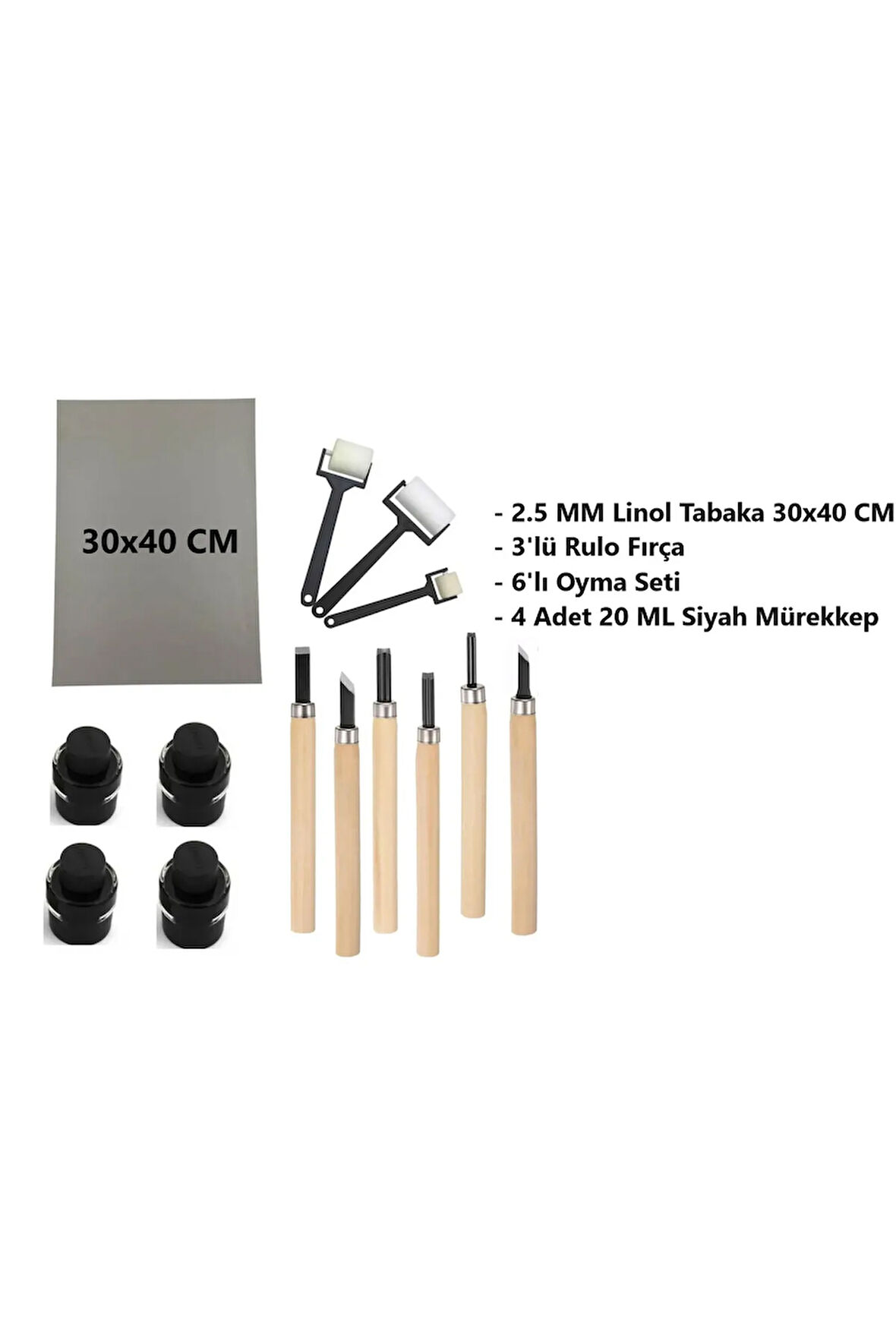 Linol Tabaka Levha 2.5 Mm 30x40 Cm , Siyah Mürekkep , 3'lü Sünger Rulo Merdane , 6'lı Oyma Seti
