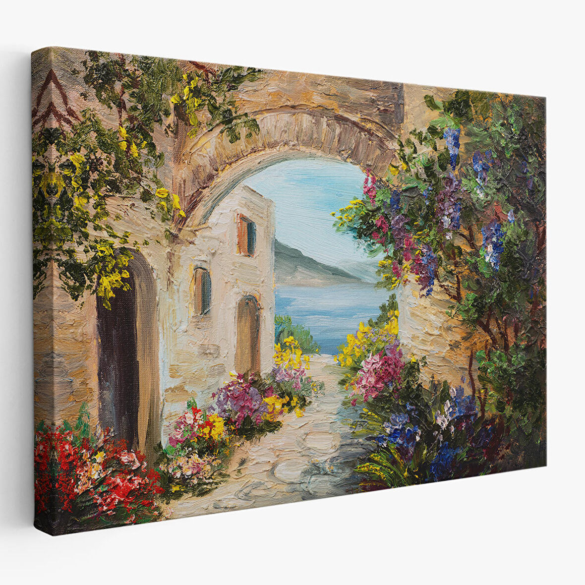 Harita Sepeti Deniz Yakınında Ev, Renkli Çiçekler, Deniz Manzaralı Kanvas Duvar Tablosu-1111