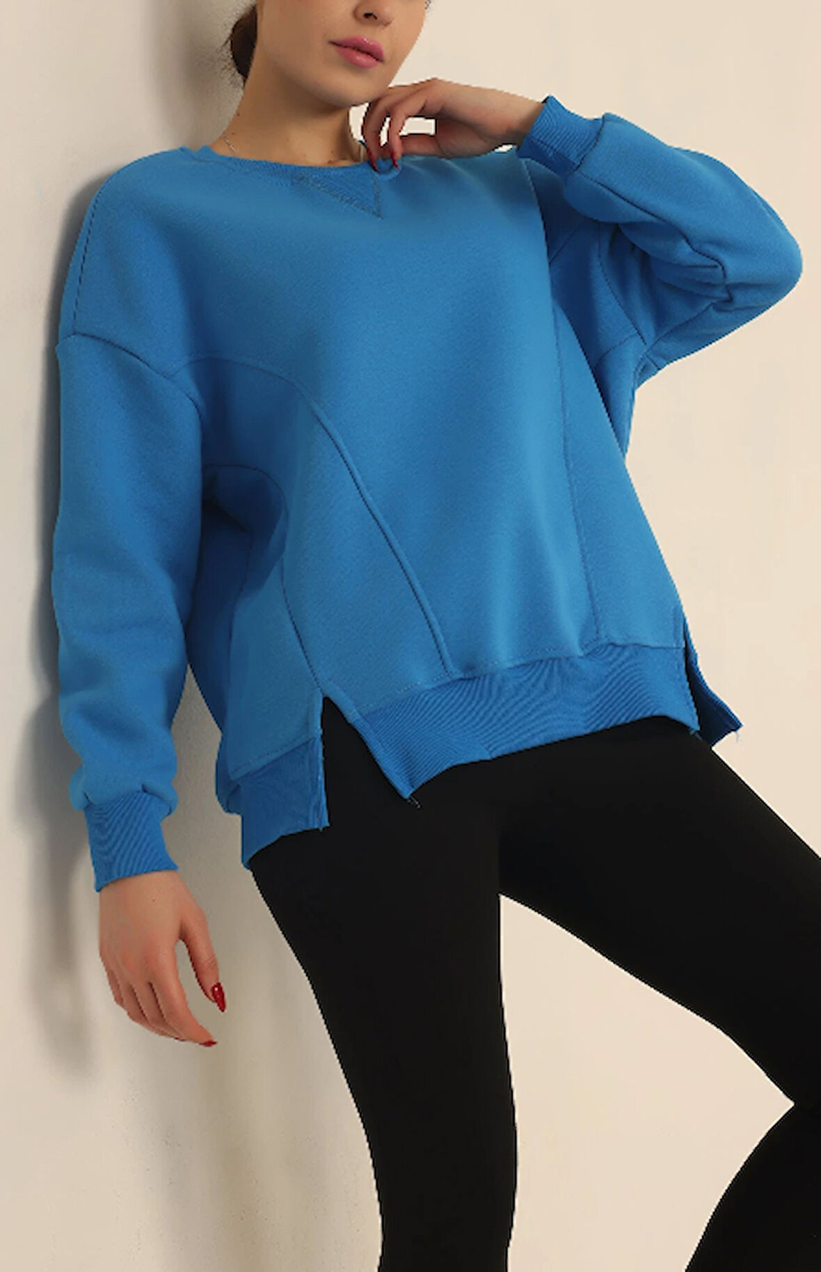 Saks Mavisi - Yırtmaçlı Şardonlu Sweatshirt