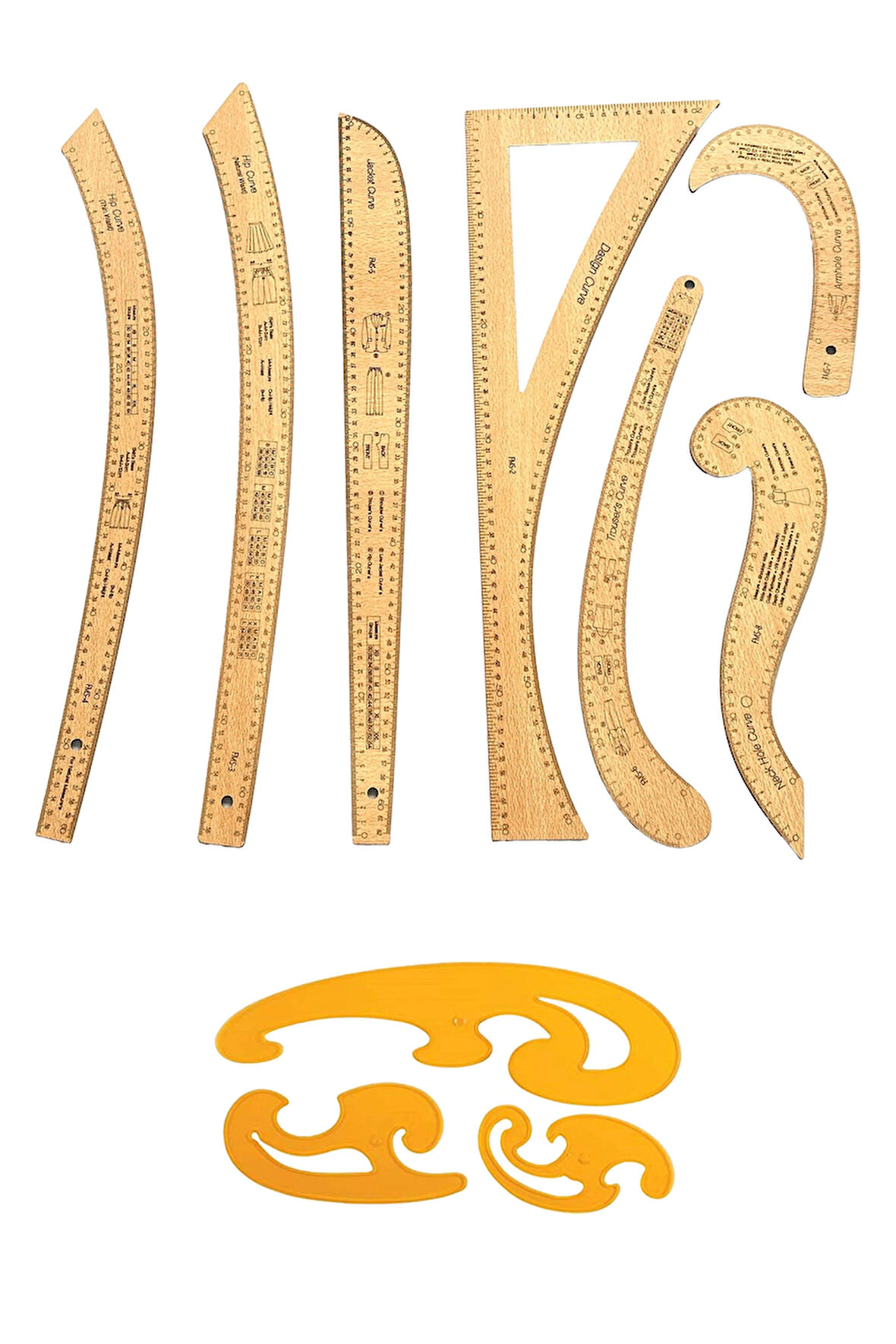 Kayın Renk Fransız 7 Parça Modelist Kalıp Çizim Seti – Gönye & Pistole / Pantolon, Ceket, Etek, Yaka