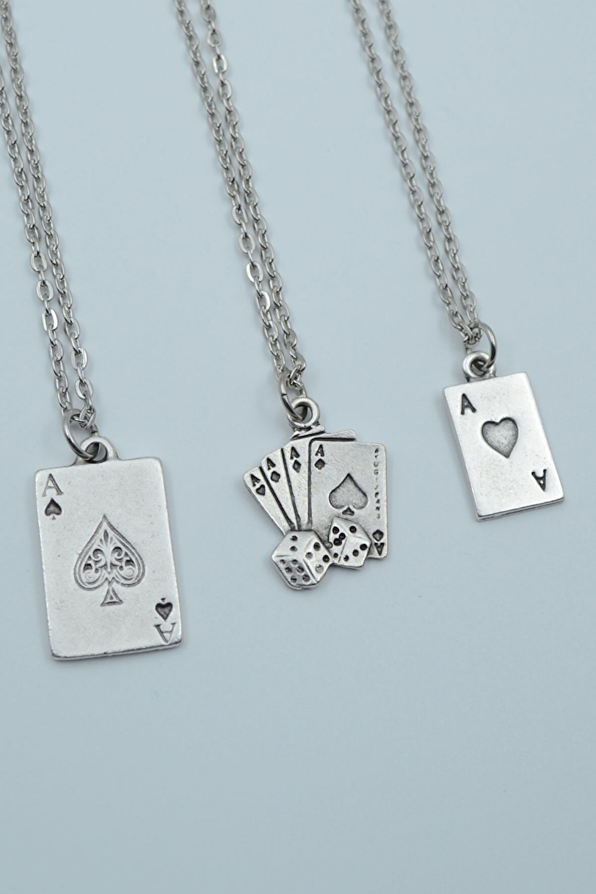 3'lü Full As İskambil Deste Zar Gümüş Kaplama Kolye Seti