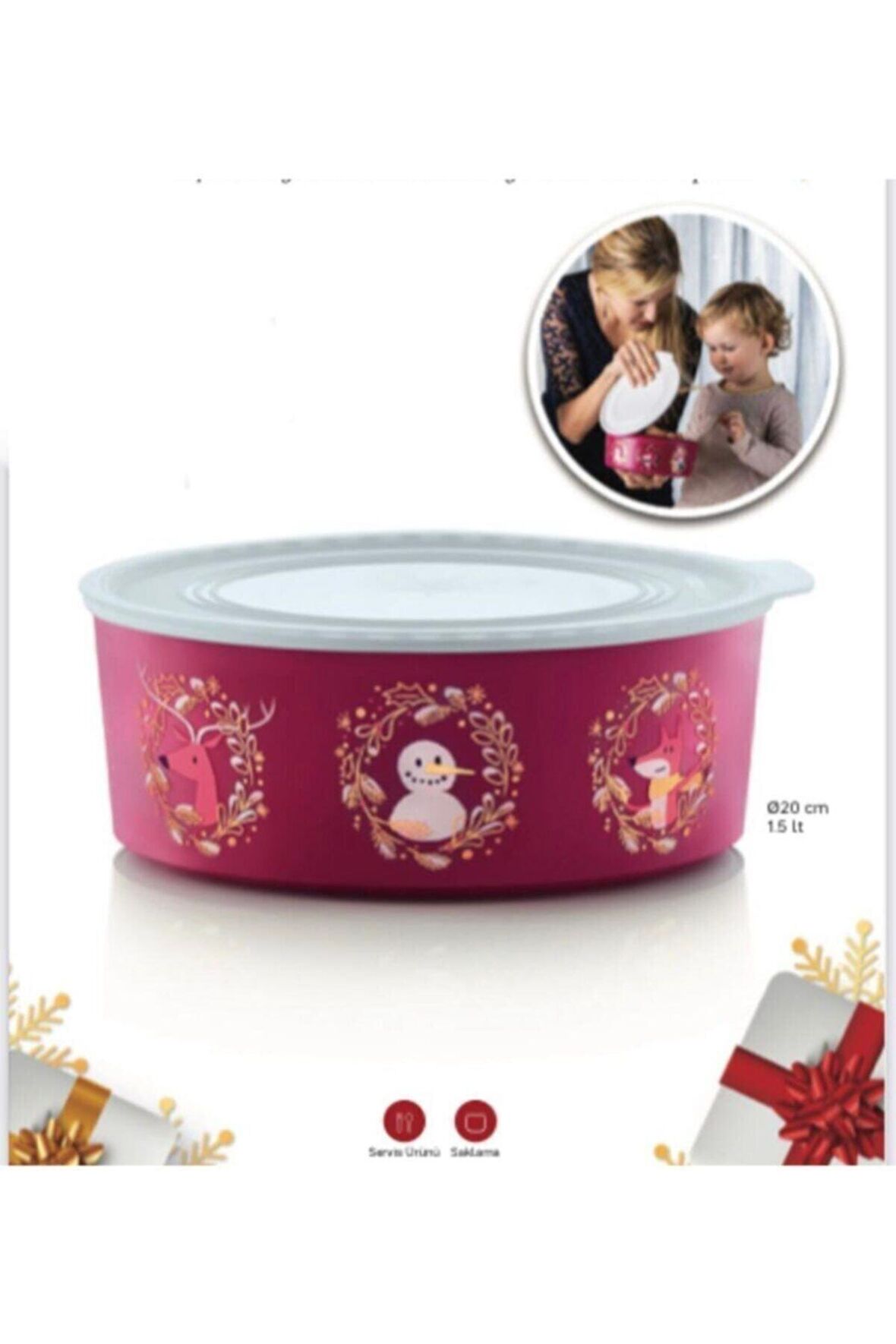 Tupperware Su Yuvarlak Kırmızı Kardan Adam Yılbaşı Kurabiye Kutusu - 1.5 Lt