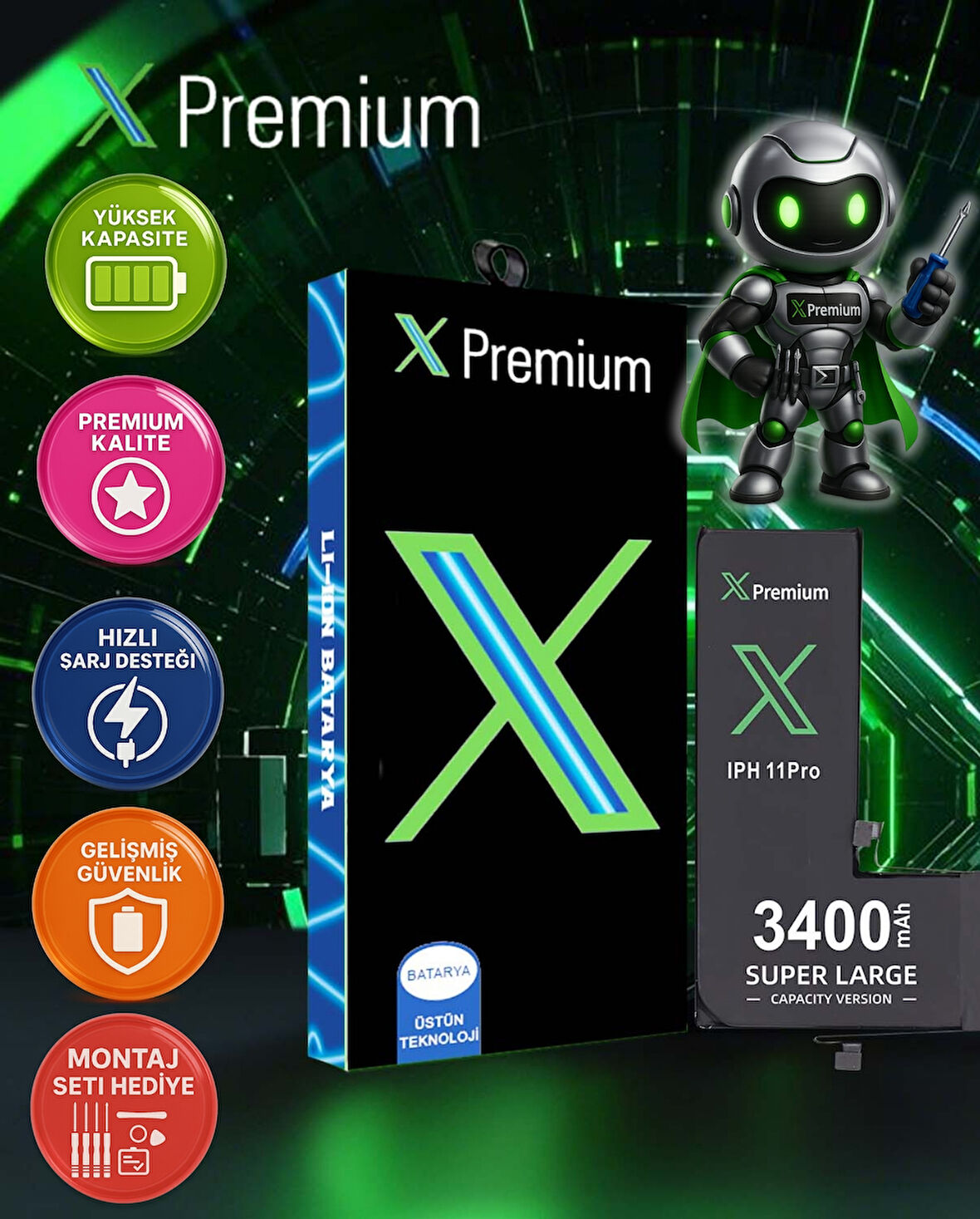 Xpremium iPhone 11 Pro Batarya Pil Süper Yüksek Kapasiteli Güçlendirilmiş 3400 mAh
