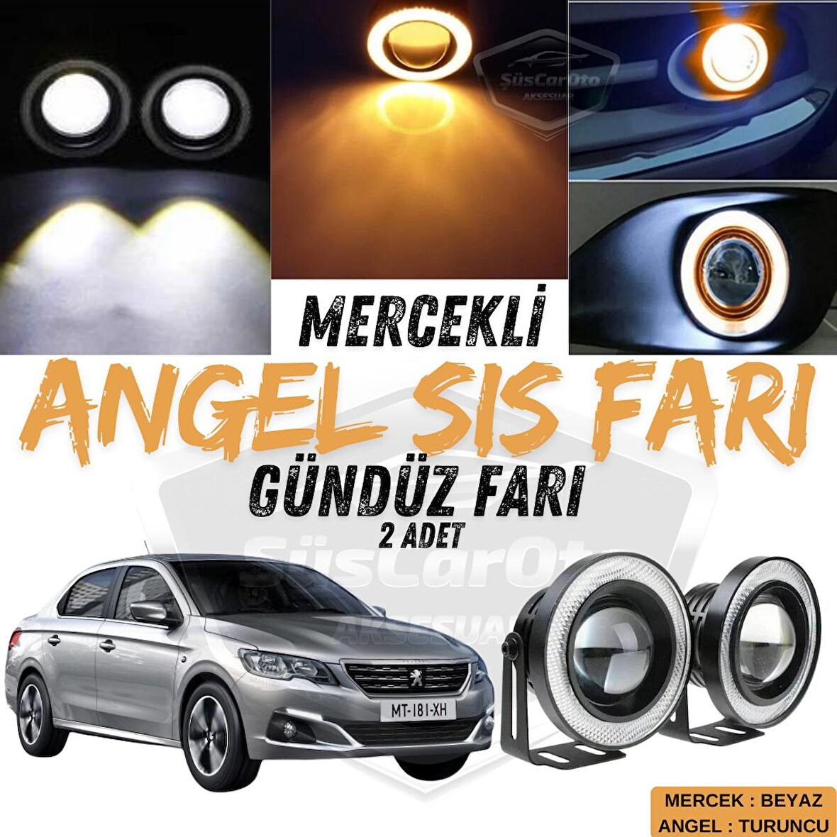 Peugeot 301 2012-2021 Uyumlu Üniversal Mercekli Angel Sis Farı Metal Su Geçirmez 76 mm Turuncu Halkalı Gündüz Farı Angel Eyes 2 Adet