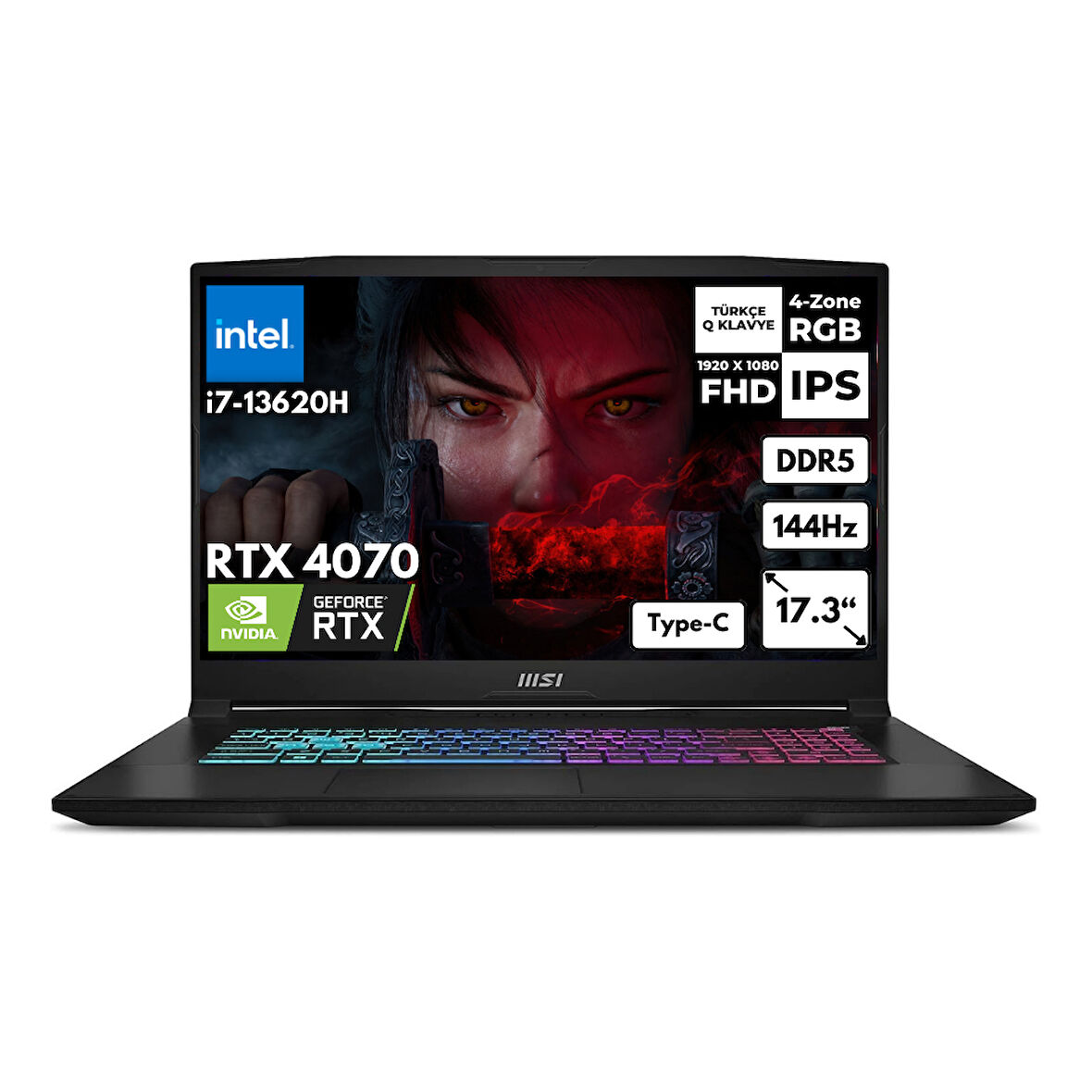 MSI Katana 17 i7-13620H 48 -GBDDR5 1 TBSSD RTX4070 (8GB) 17.3" FHD 144Hz Windows 10 Home Gaming Laptop B13VGK-1030XTRHMF85