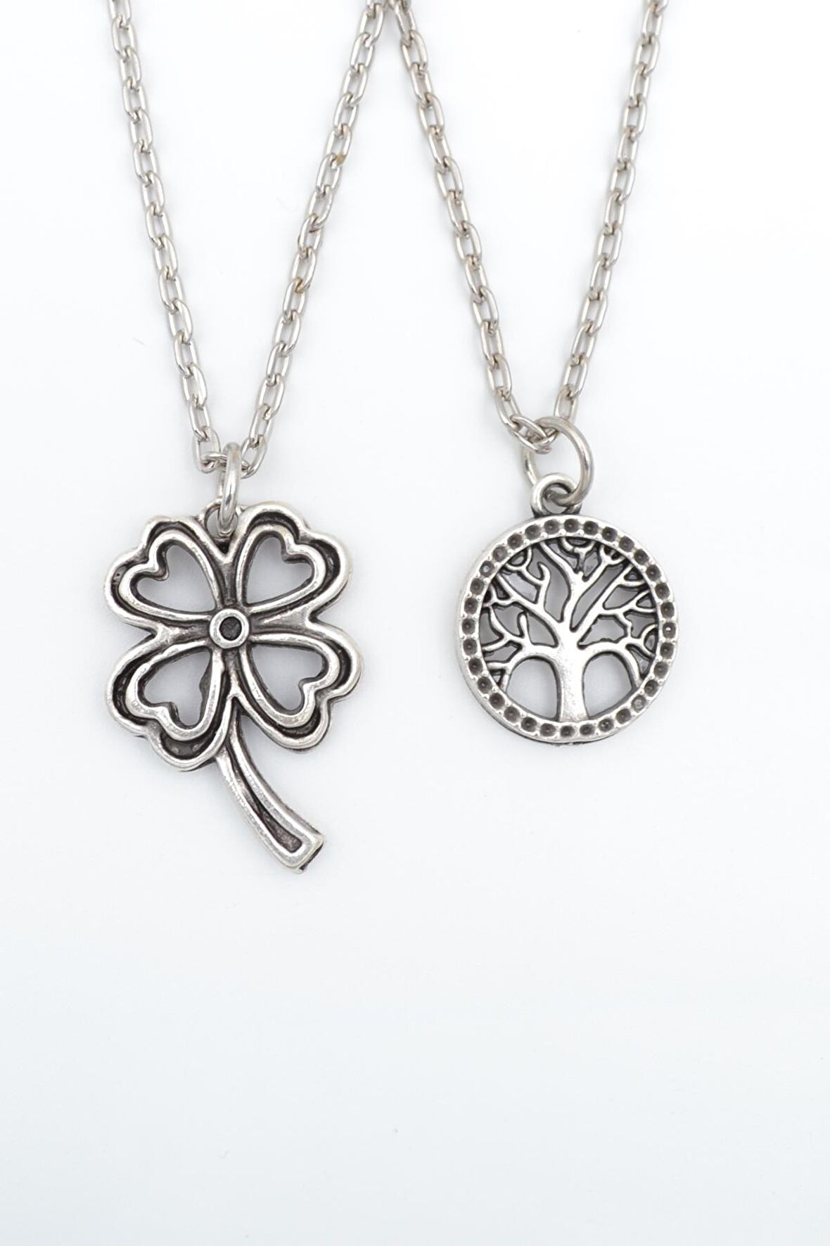 2'li Dört Yapraklı Yonca - Yaşam Ağacı Erkek Kadın Kolye Seti 925 Ayar Gümüş Kaplama