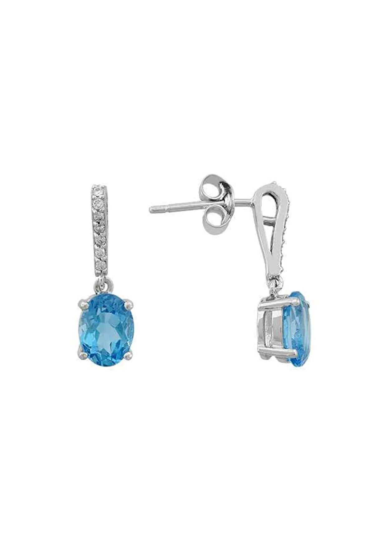 Pırlanta ve Oval Mavi Topaz Taşlı Küpe