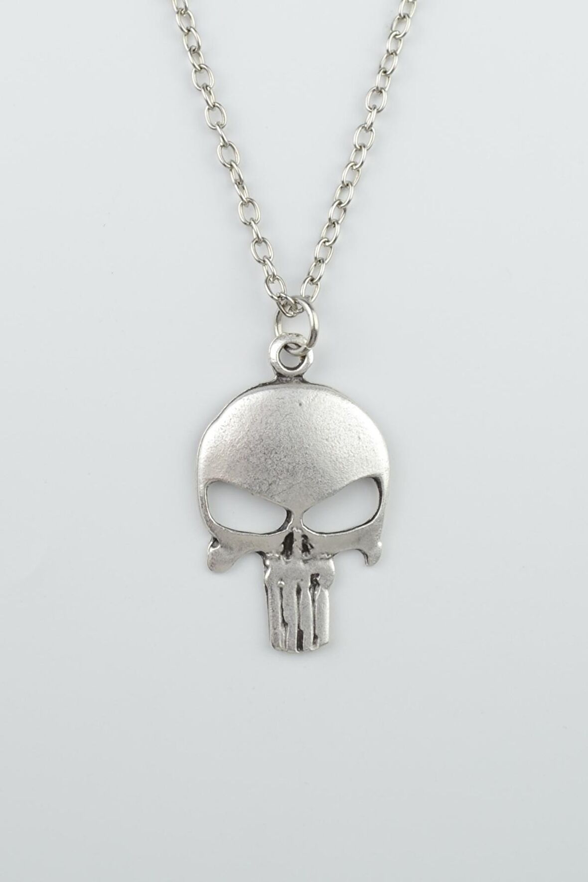 Punisher Cezalandırıcı Erkek Kadın Kolye Antik Gümüş Kaplama - 60 cm Düz Zincir