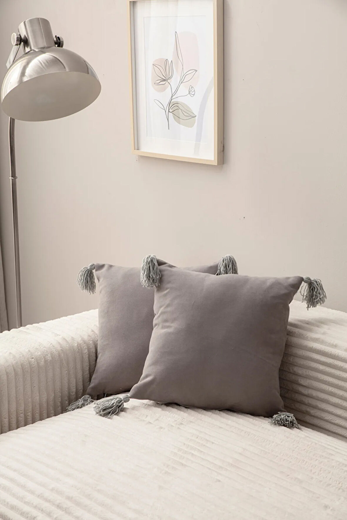 Swita Home Home Design İkili Dekoratif Püsküllü Kırlent Kılıfı Gri 43x43