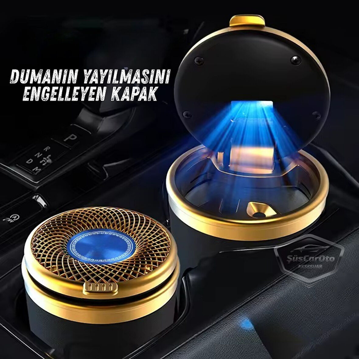 Üniversal Porselen Yanmaz Koku Geçirmez Altın Seramik Mavi Işıklı Lüx Oto Küllük Dumansız Kapaklı Spor Araç İçi Küllük Araba Küllüğü Gold