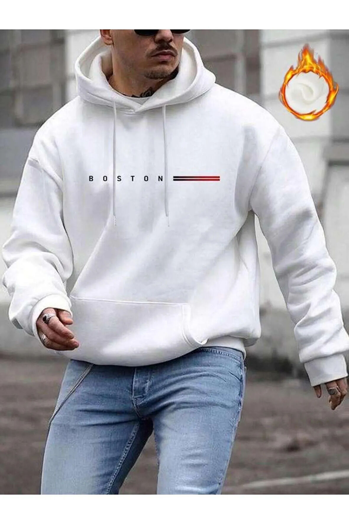 Erkek Beyaz Boston Baskılı Sweatshirt