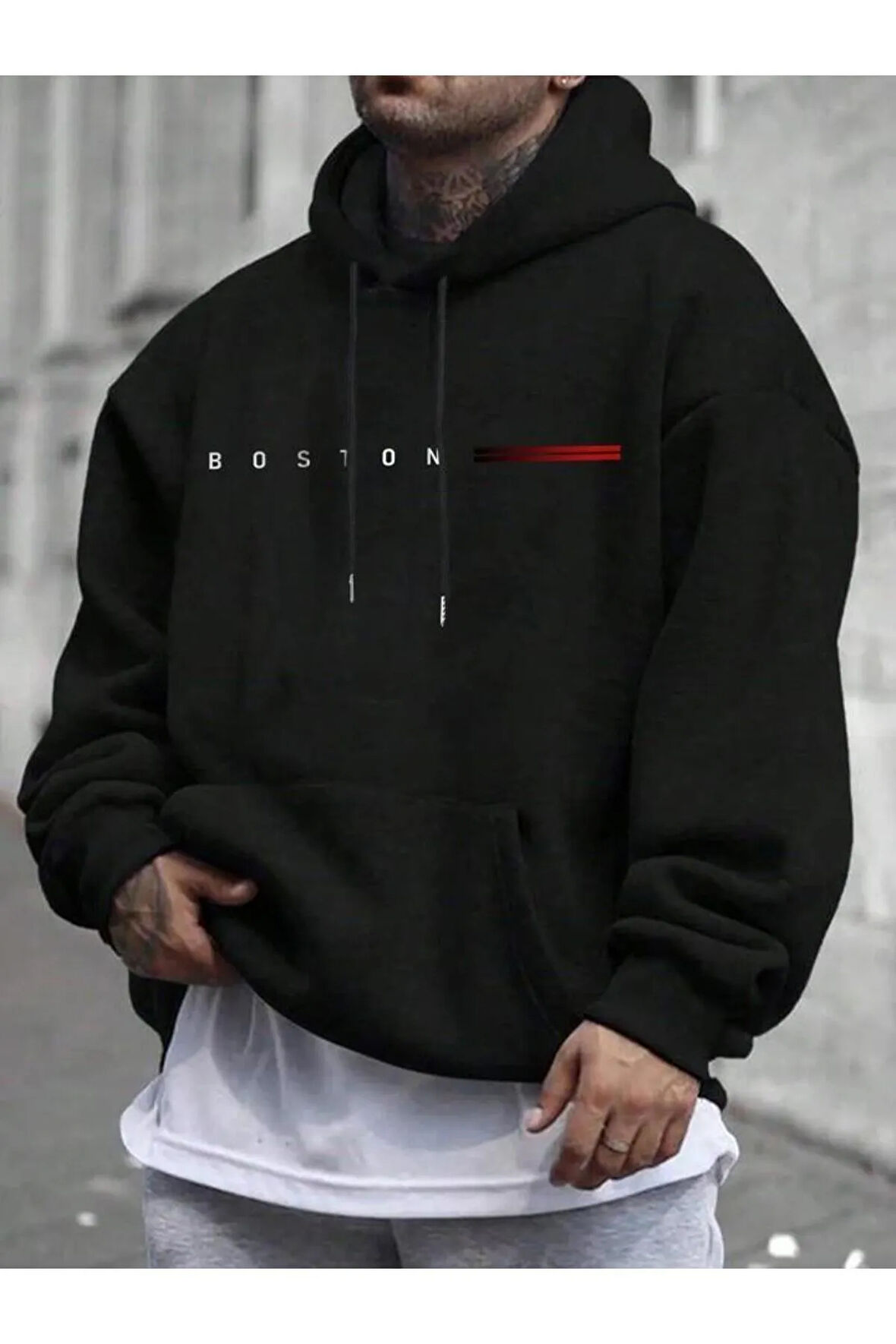 Erkek Siyah Boston Baskılı Sweatshirt