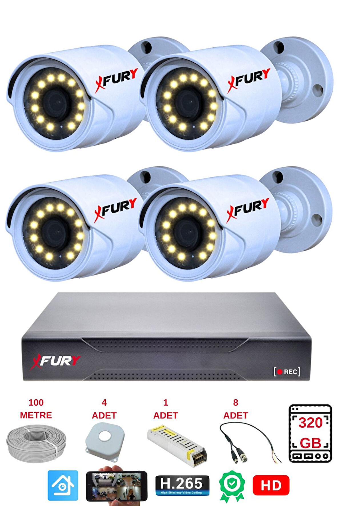 FURY 4 Lü Gece Renkli Görüş Güvenlik Kamerası Full Hd-su Geçirmez Güvenlik Kamerası Seti 320gb