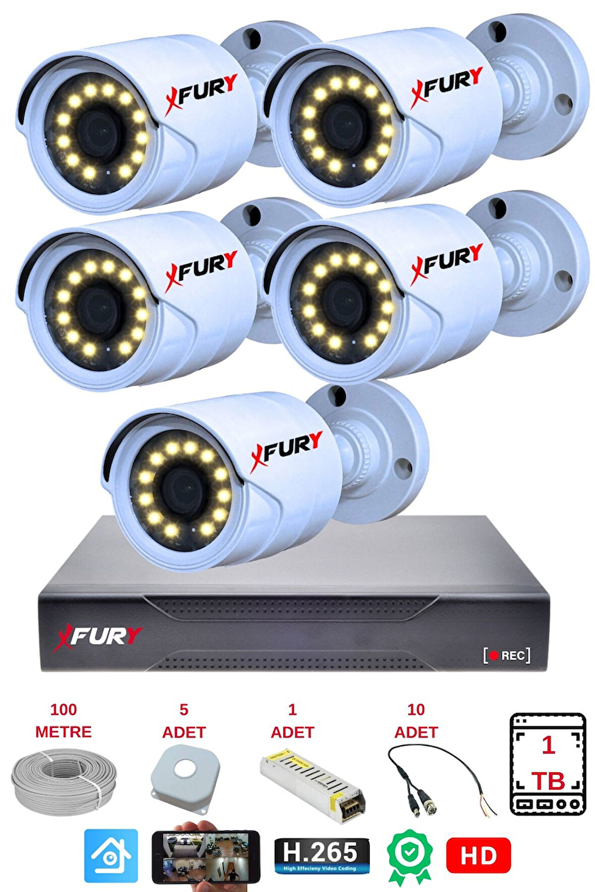 FURY 5 li Gece Renkli Görüş Güvenlik Kamerası Full HD-Su Geçirmez Güvenlik Kamerası Seti 1TB