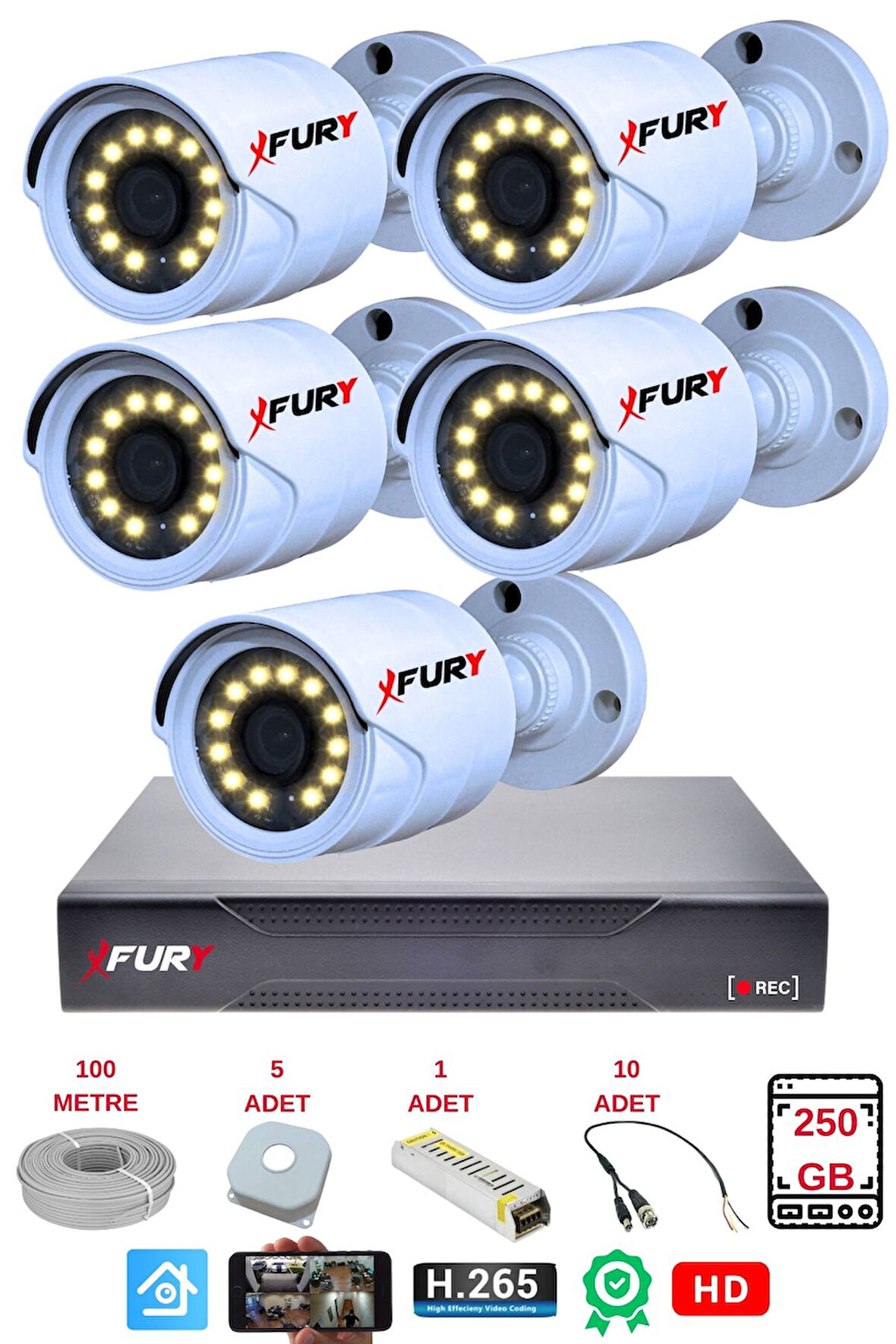 FURY 5 li Gece Renkli Görüş Güvenlik Kamerası Full HD-Su Geçirmez Güvenlik Kamerası Seti 250GB