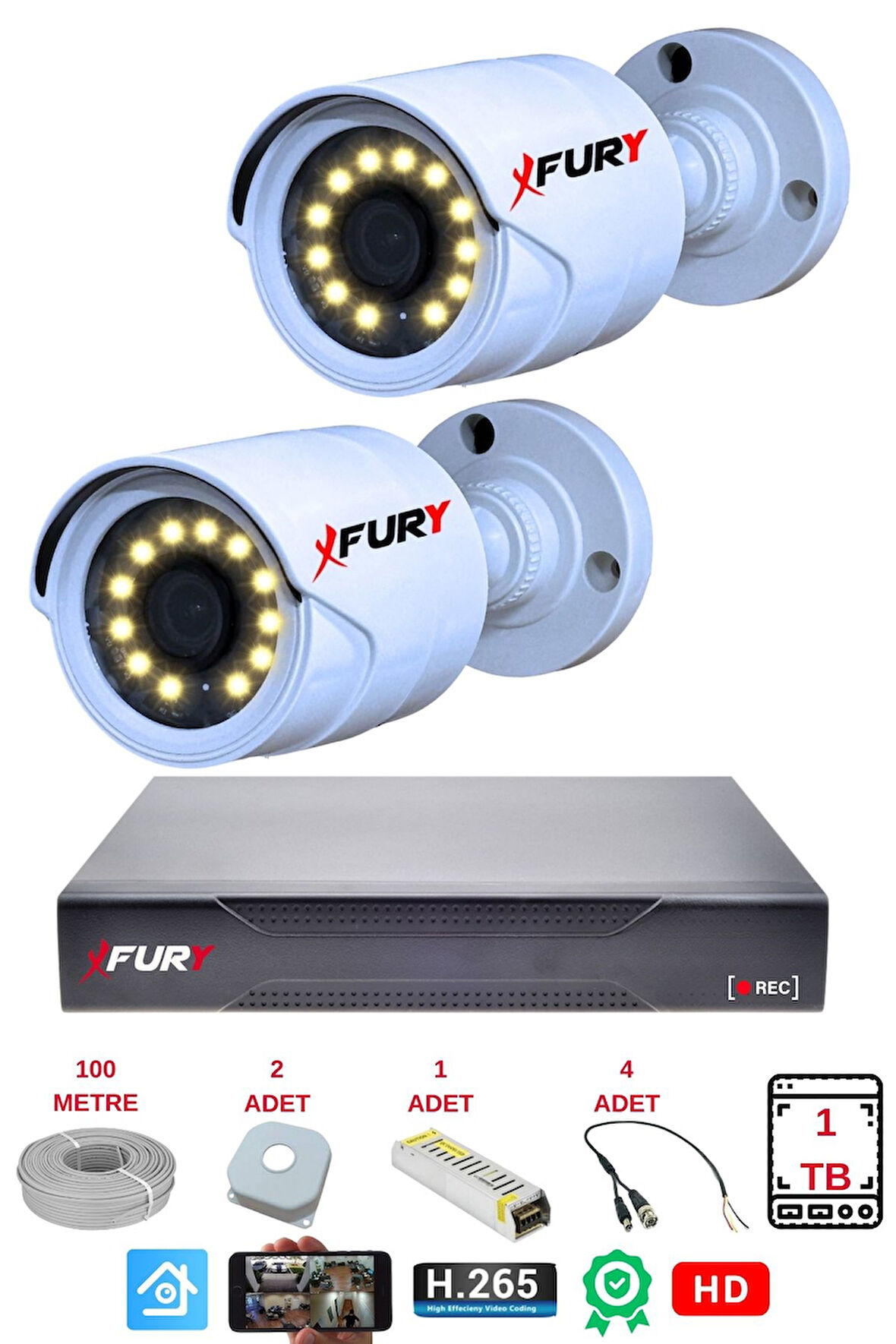 FURY 2 Li Gece Renkli Görüş Güvenlik Kamerası Full Hd-Su Geçirmez Güvenlik Kamerası Seti 1TB
