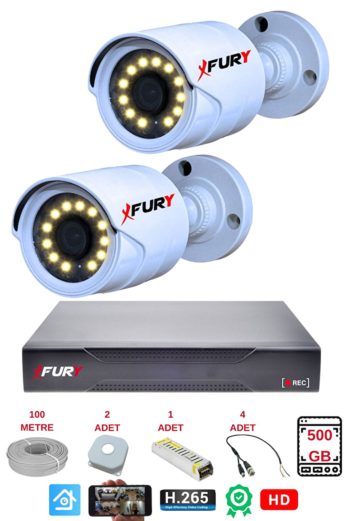 FURY 2 Li Gece Renkli Görüş Güvenlik Kamerası Full Hd-Su Geçirmez Güvenlik Kamerası Seti 500GB