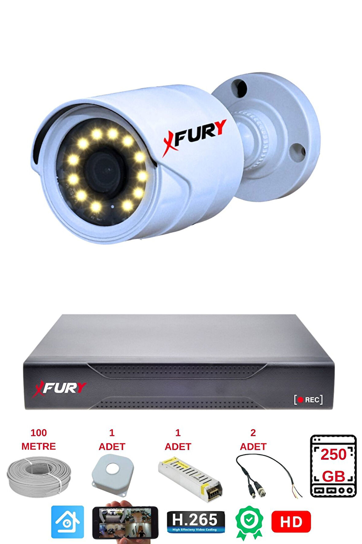 FURY 1 Li Gece Renkli Görüş Güvenlik Kamerası Full Hd-Su Geçirmez Güvenlik Kamerası Seti 250GB