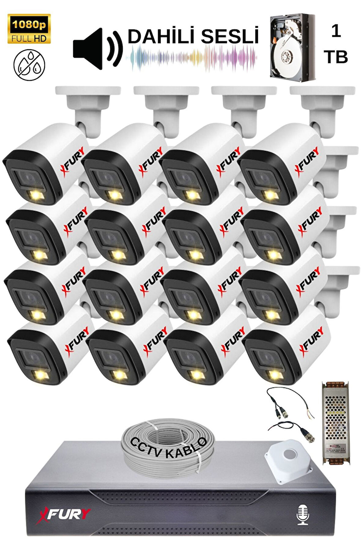 FURY 16 Kamera Sesli Gece Renkli Güvenlik Kamerası Full Hd-su Geçirmez Güvenlik Kamerası Seti 1TB