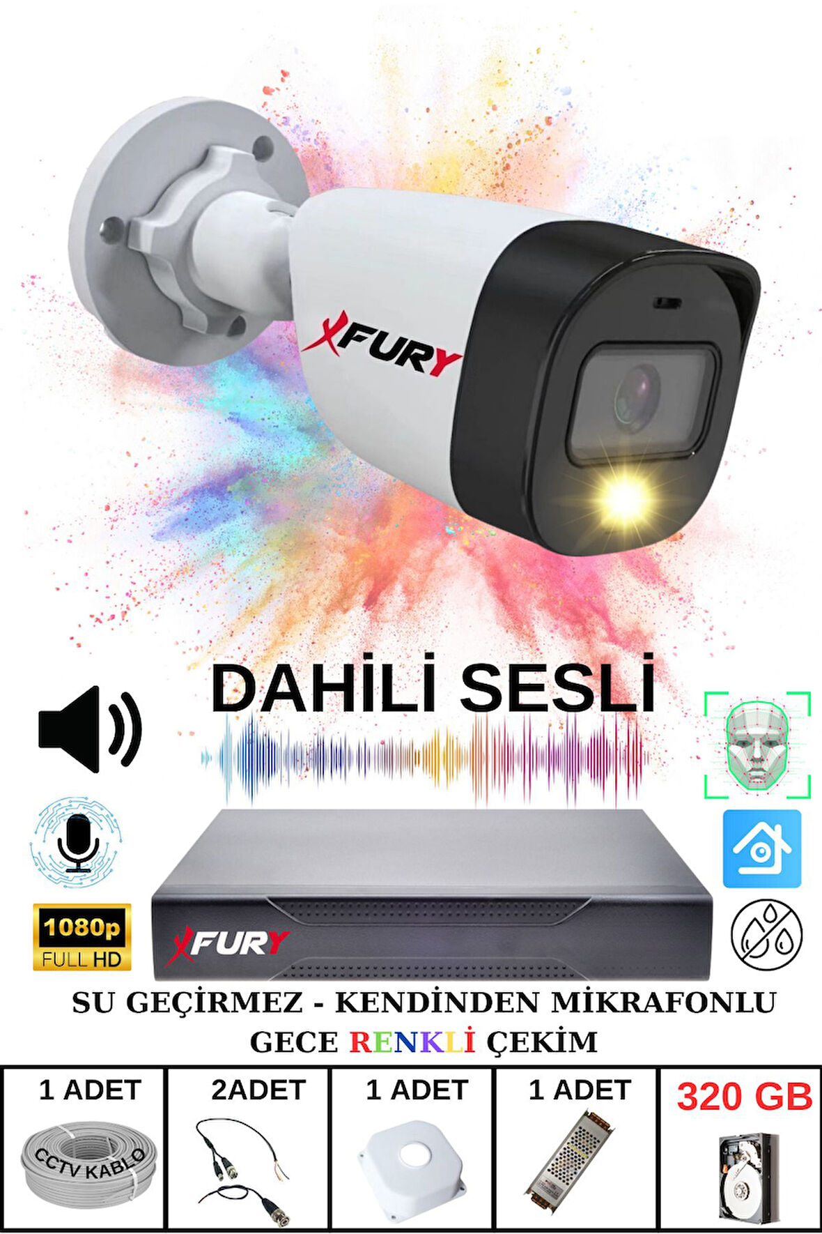 FURY 1 li Sesli Gece Renkli Görüş Güvenlik Kamerası Su Geçirmez Güvenlik Kamerası Seti 320GB