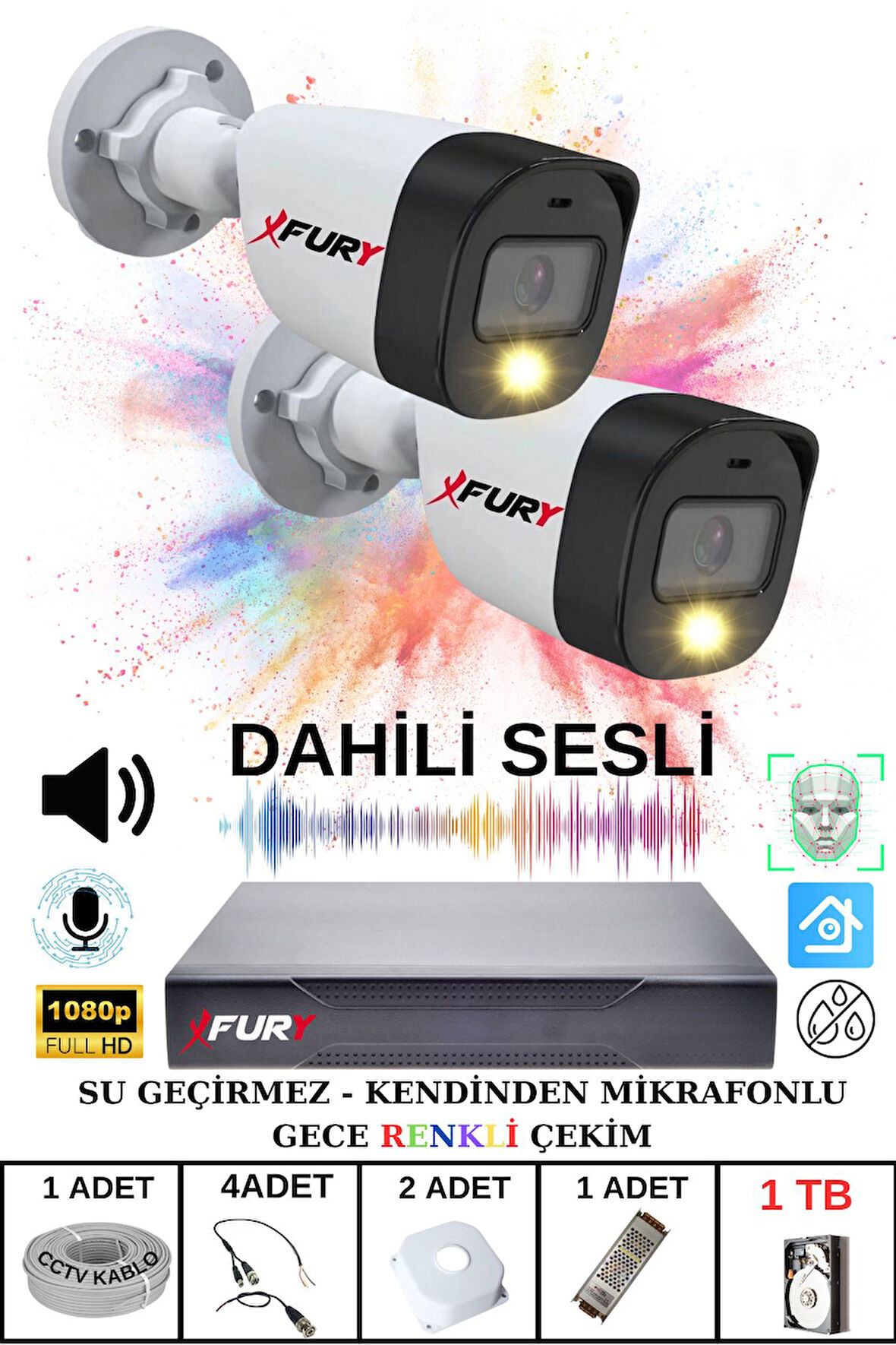 FURY 2 li Sesli Gece Renkli Görüş Güvenlik Kamerası Su Geçirmez Güvenlik Kamerası Seti 1TB
