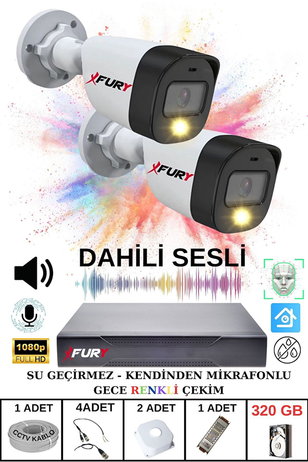 FURY 2 li Sesli Gece Renkli Görüş Güvenlik Kamerası Su Geçirmez Güvenlik Kamerası Seti 320GB