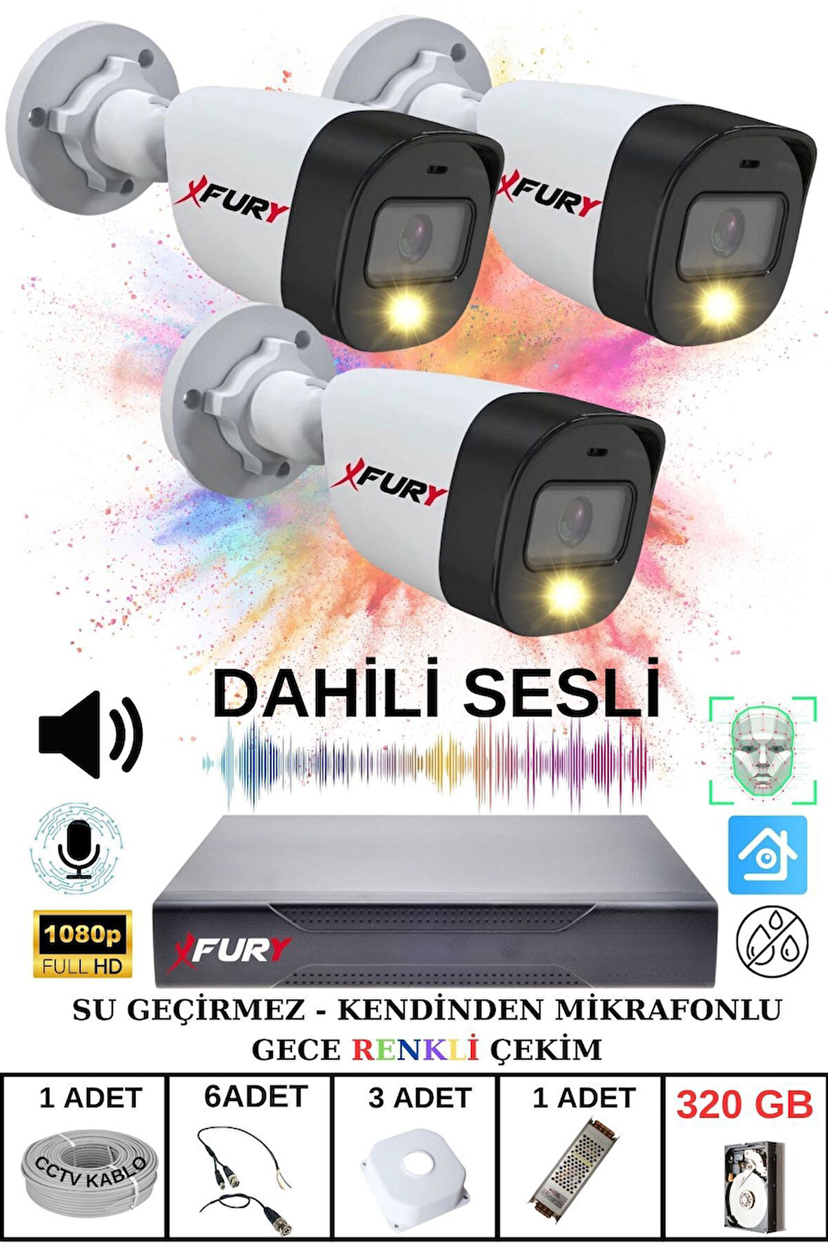 FURY 3 LÜ Sesli Gece Renkli Görüş Güvenlik Kamerası Su Geçirmez Güvenlik Kamerası Seti 320GB