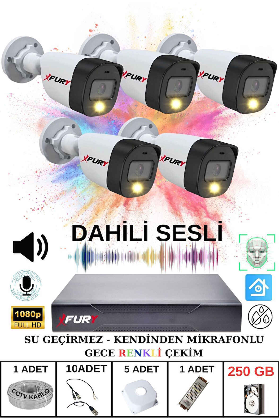 FURY 5 li Sesli Gece Renkli Görüş Güvenlik Kamerası Su Geçirmez Güvenlik Kamerası Seti 250GB