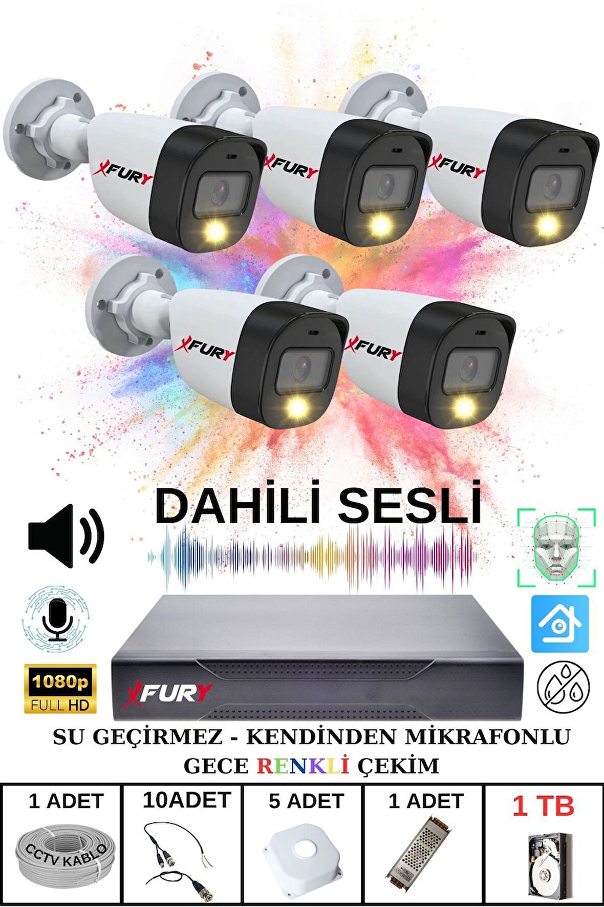 FURY 5 li Sesli Gece Renkli Görüş Güvenlik Kamerası Su Geçirmez Güvenlik Kamerası Seti 1TB